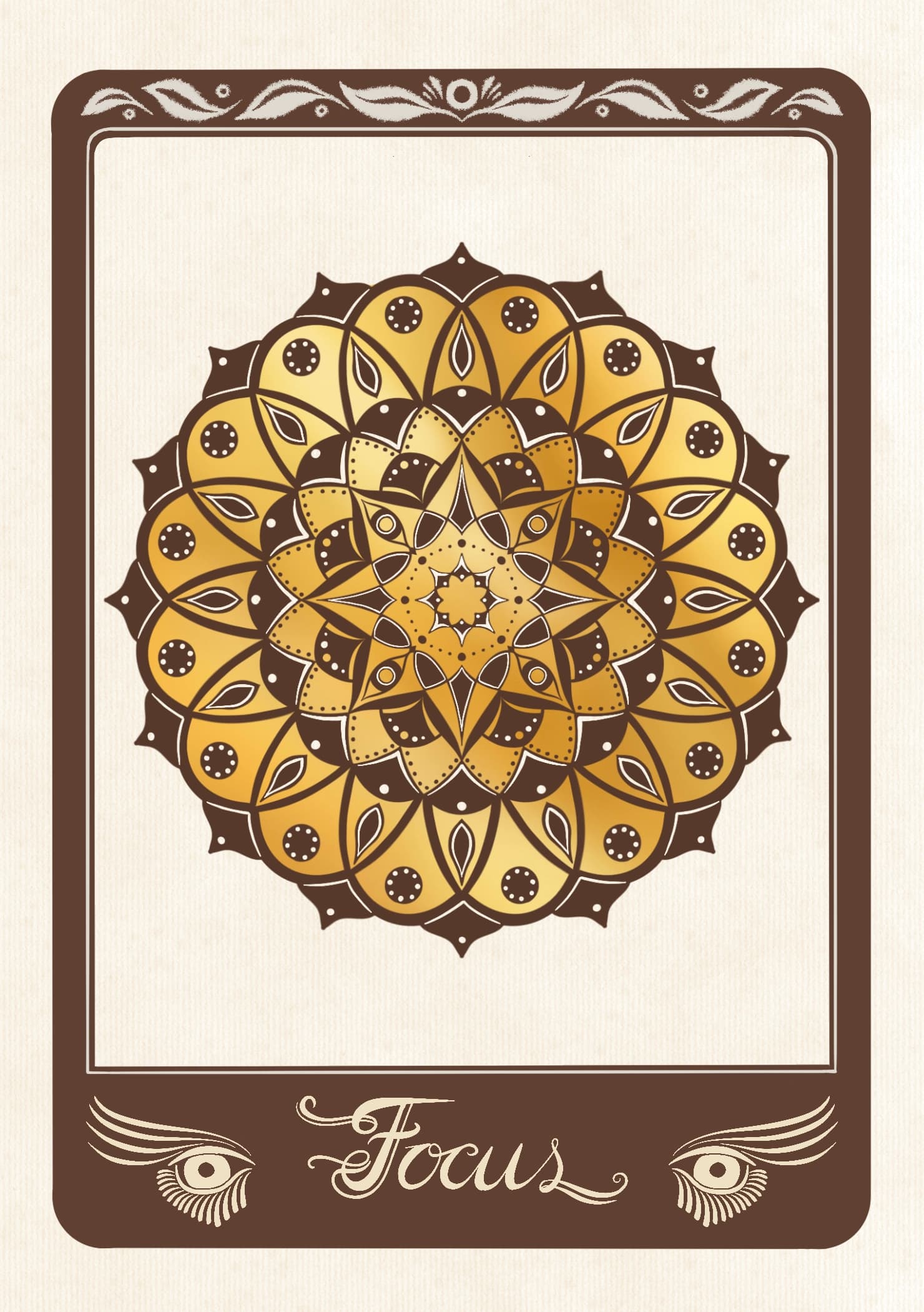 A gold and bronze mandala with 16 petals on cream card, above a brown plaque reading "Focus".