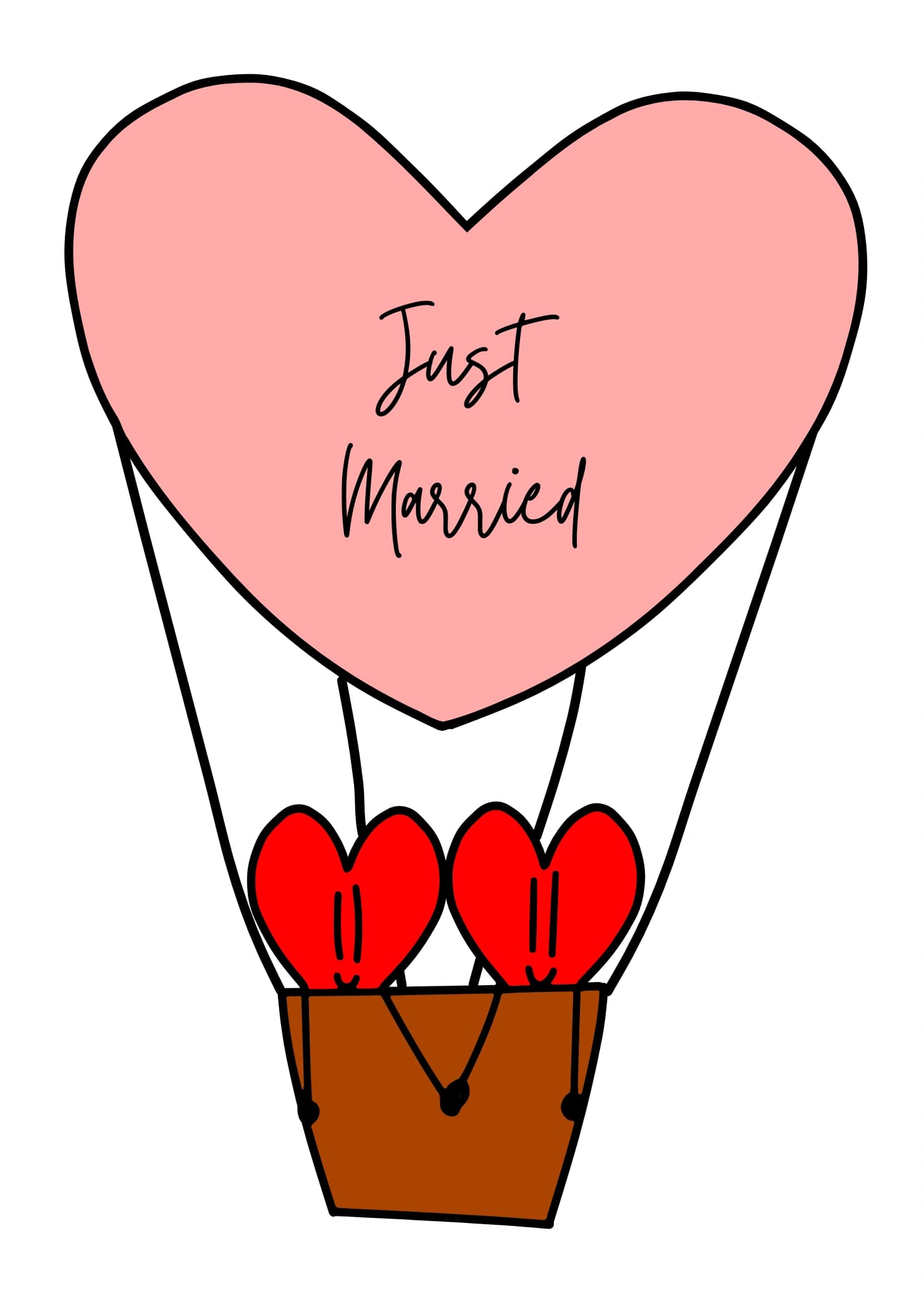 A cute cartoon of two red hearts (not gendered) holding hands in a heart-shaped hot air balloon. The caption on the balloon reads "Just Married".