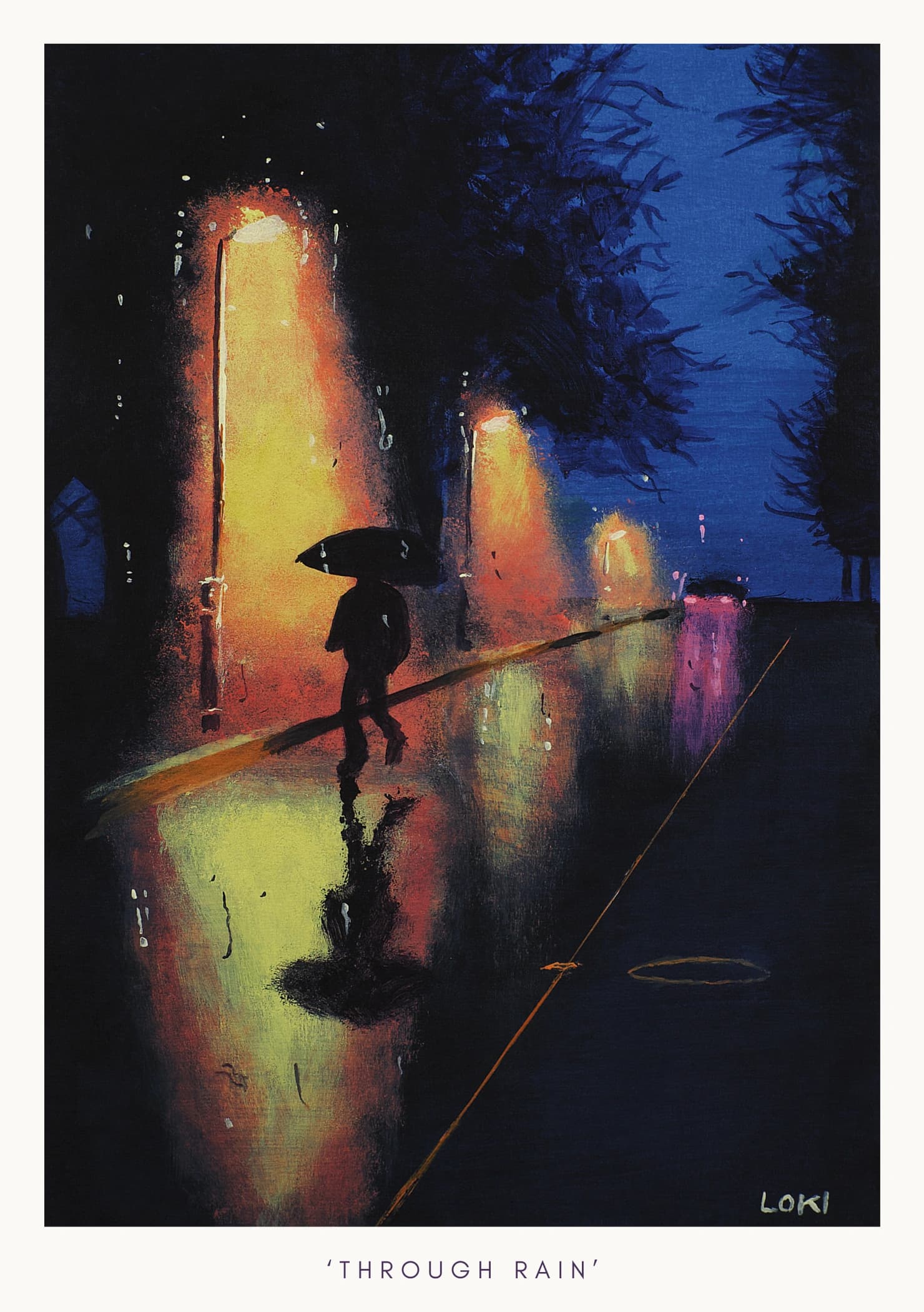 The artwork is displayed with a thin border. The caption reads "Through Rain".
