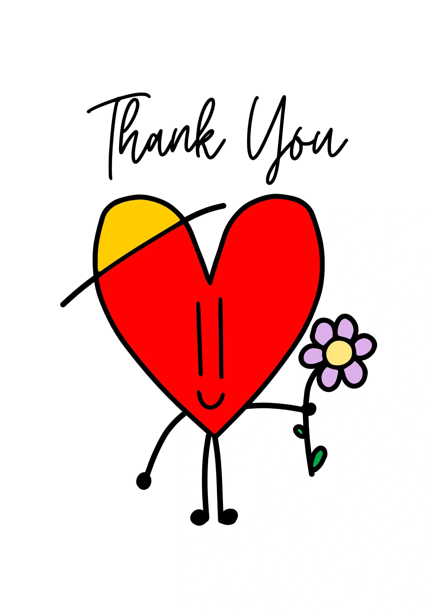 A cute red cartoon heart, holding a flower. The caption reads "Thank you".