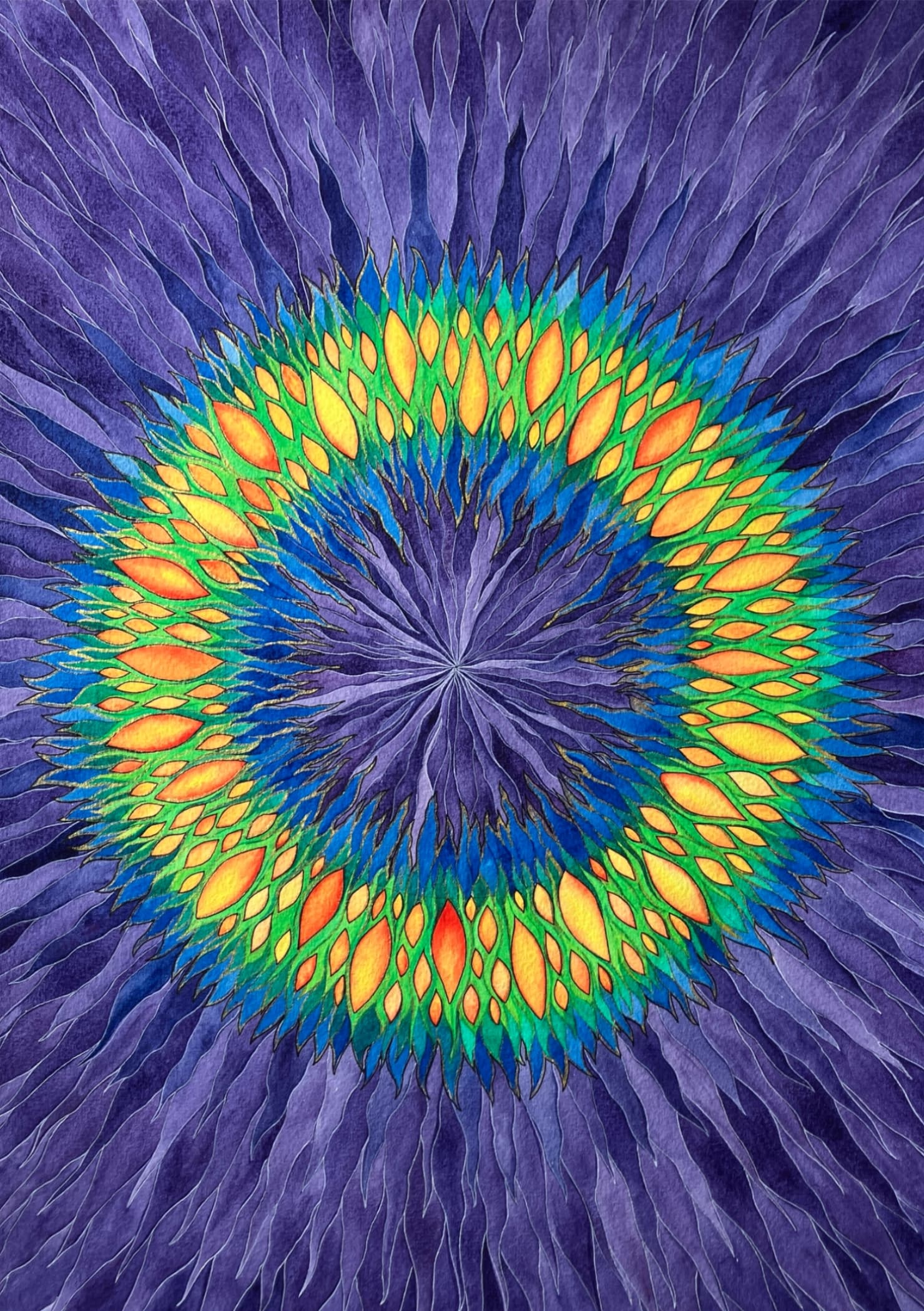 The artwork in watercolour features a circular 'portal' in orange, green and blue, over a purple background.