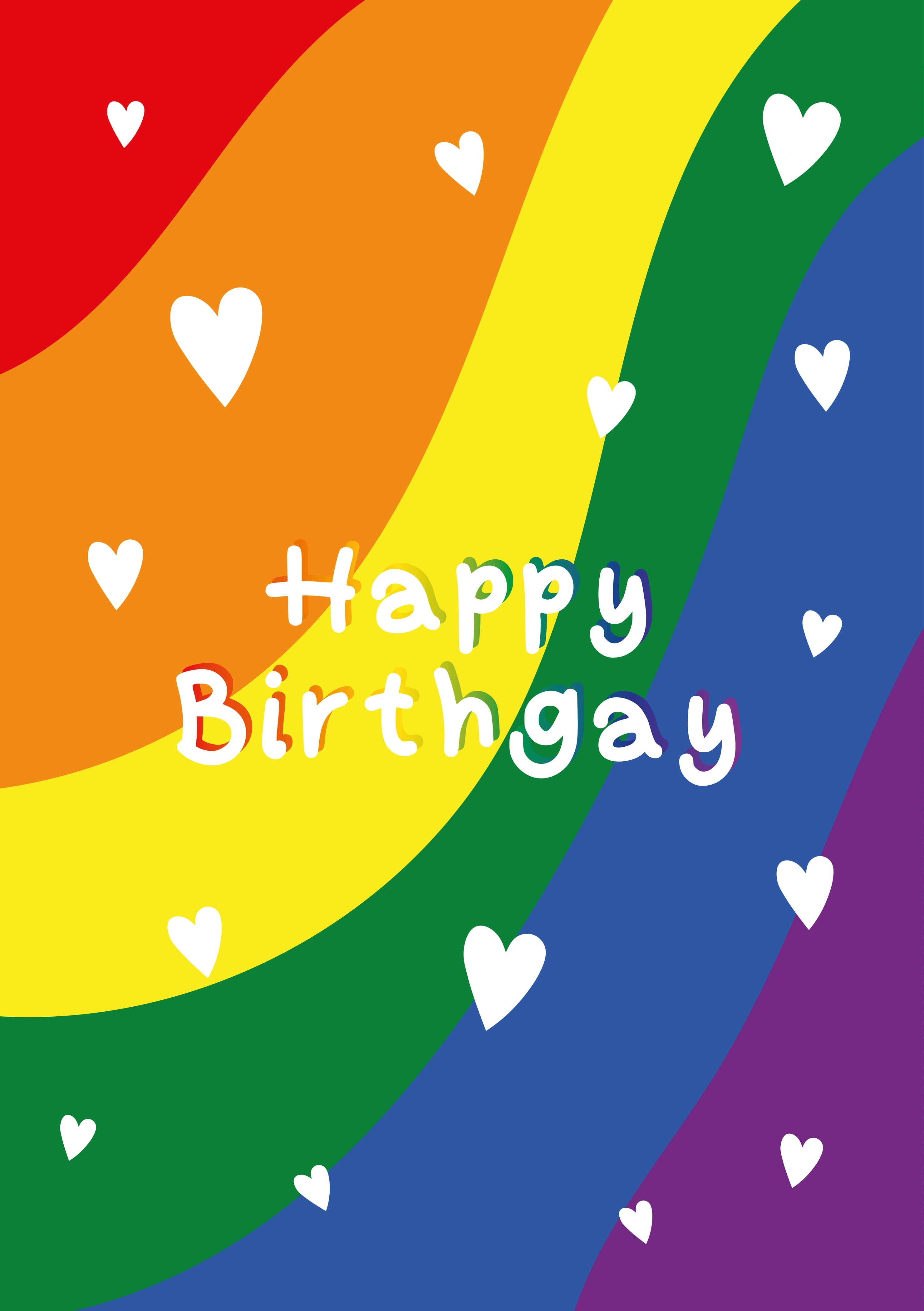 The caption reads "Happy Birth-gay" on a rainbow background with hearts.