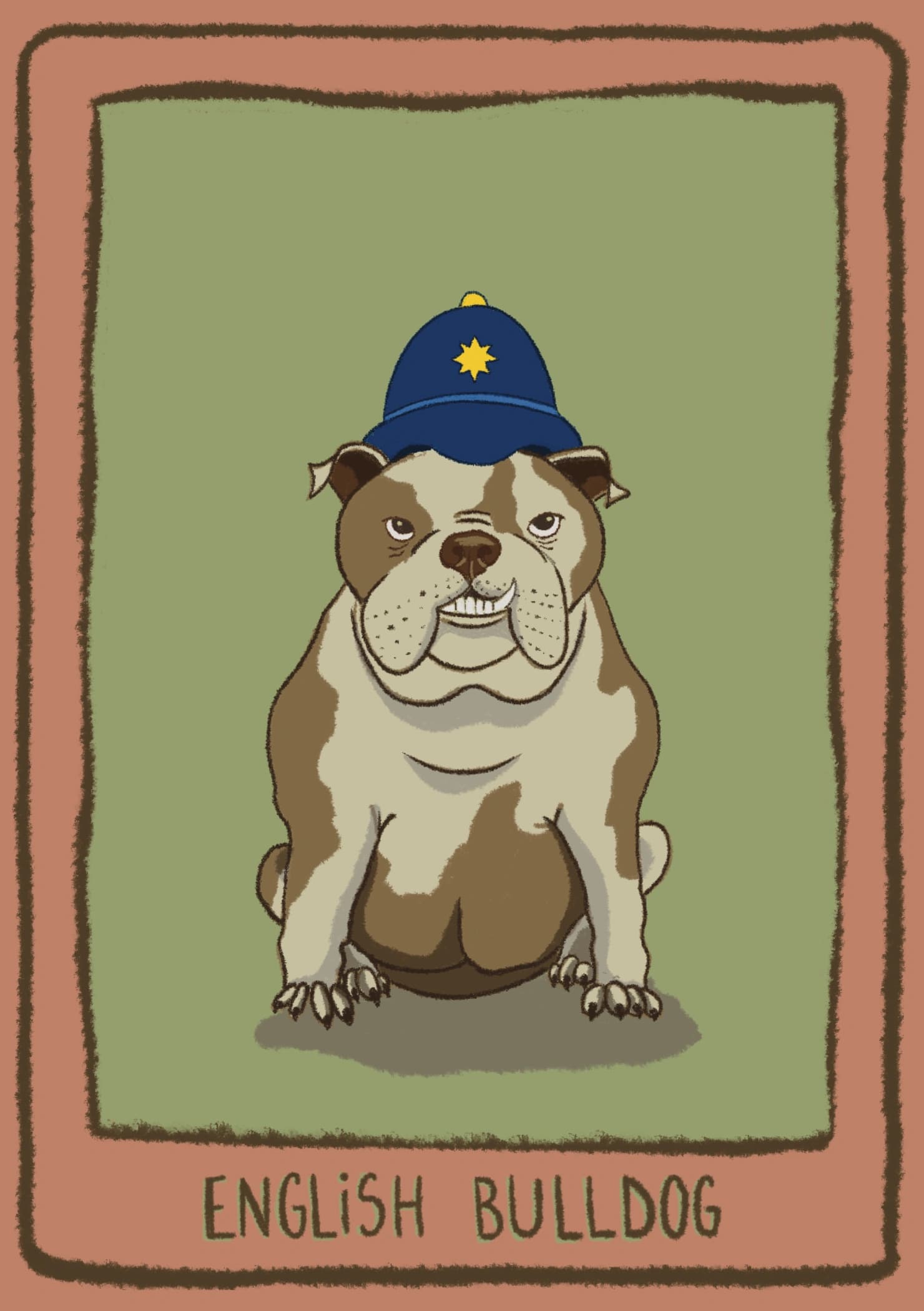 An illustrated English bulldog with an endearing underbite wearing a traditional British police helmet. The caption reads "English Bulldog".