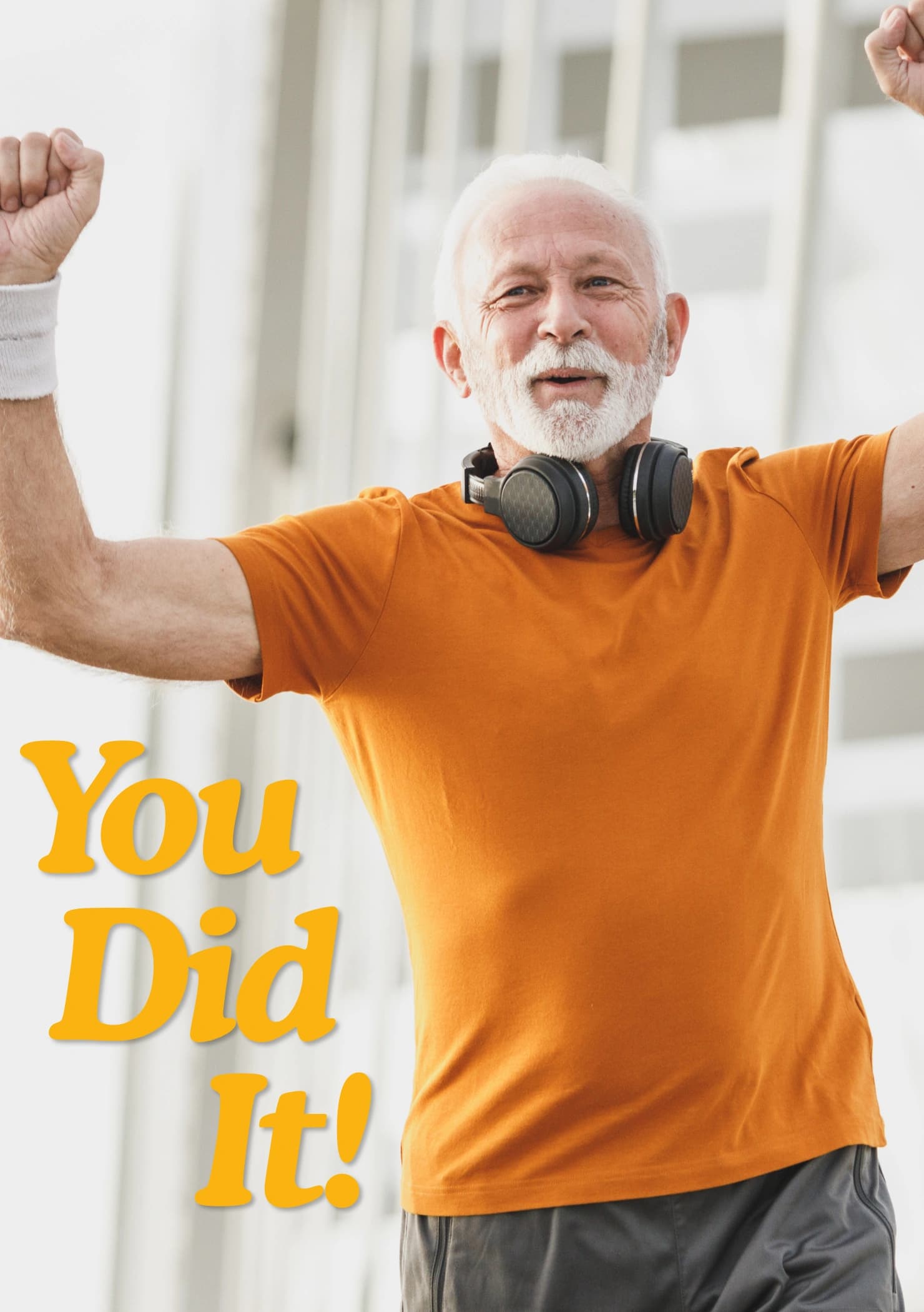 A man celebrating as he runs. The caption reads "You did it!".
