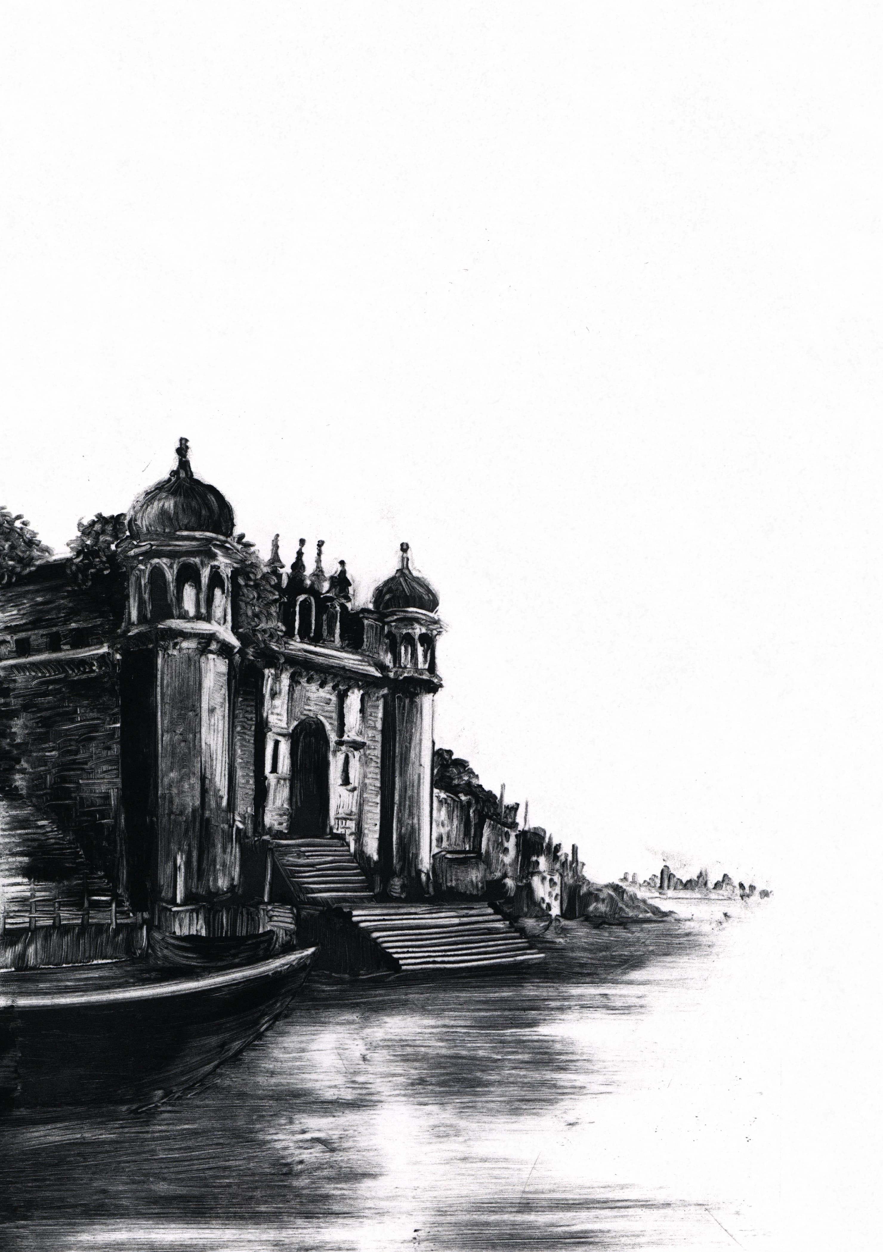 A black and white print from an engraving of an old temple with some bushes sprouting around the rooftop.