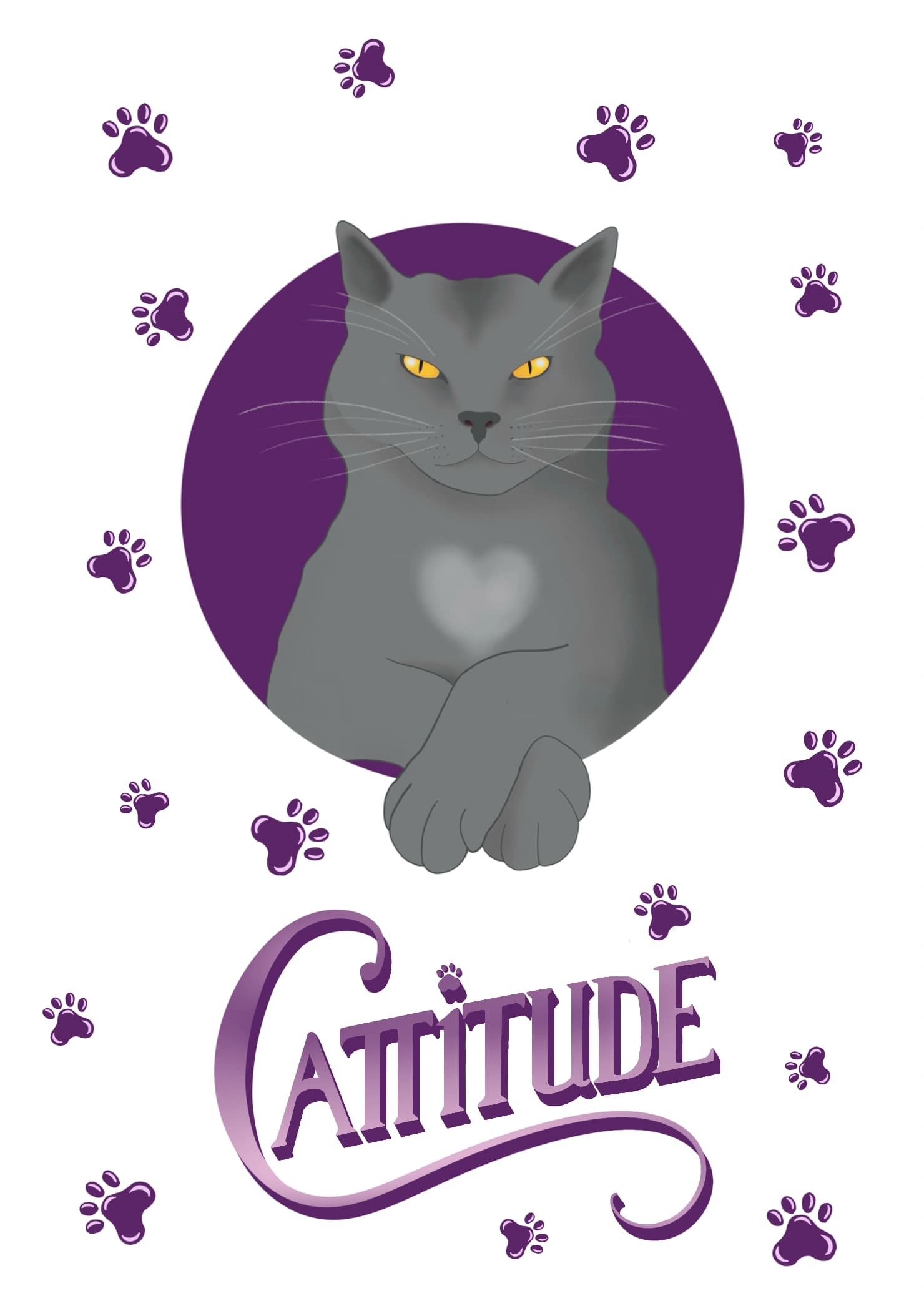 The design features a drawing of a grey cat, arms crossed. The caption reads "Cattitude".