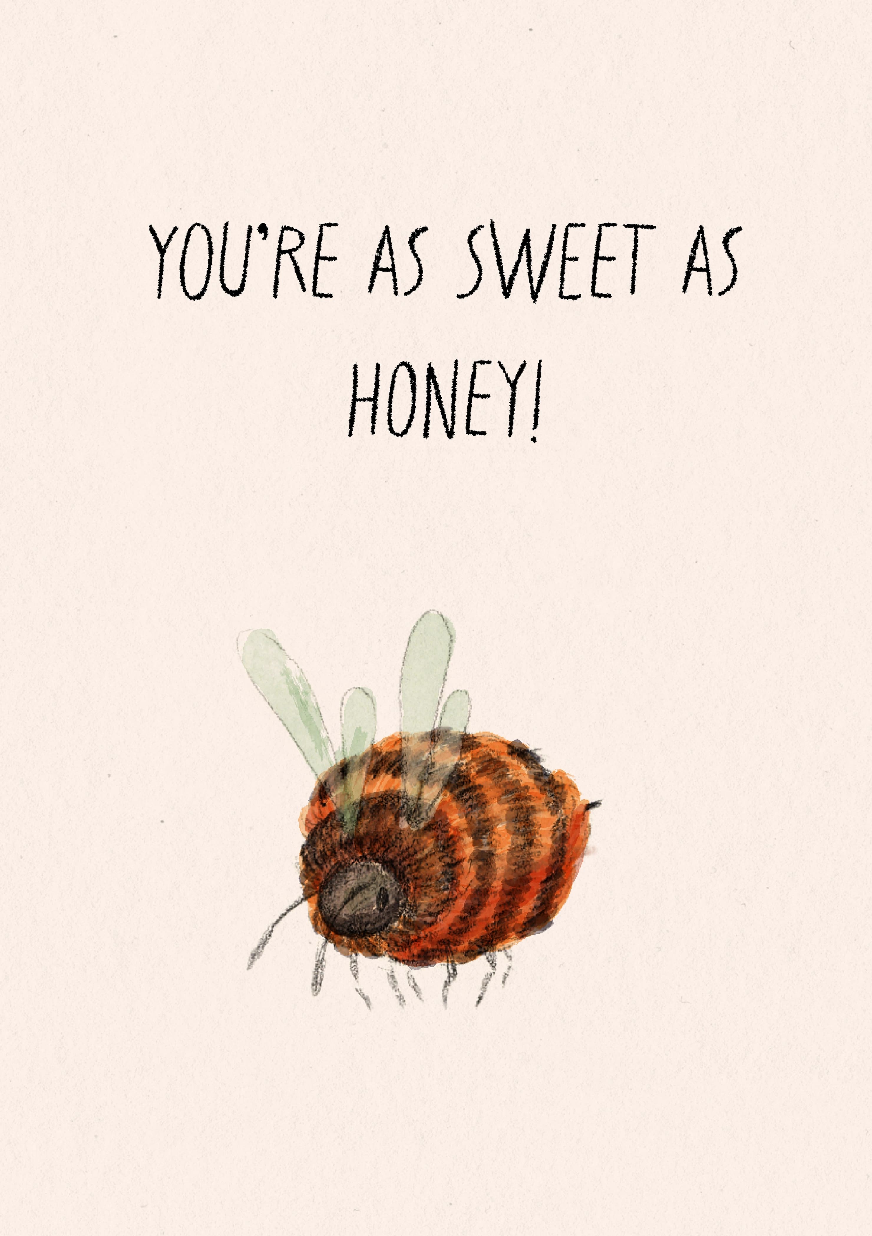 A pencil and watercolour drawing of a bee. The caption reads "You're sweet as honey".