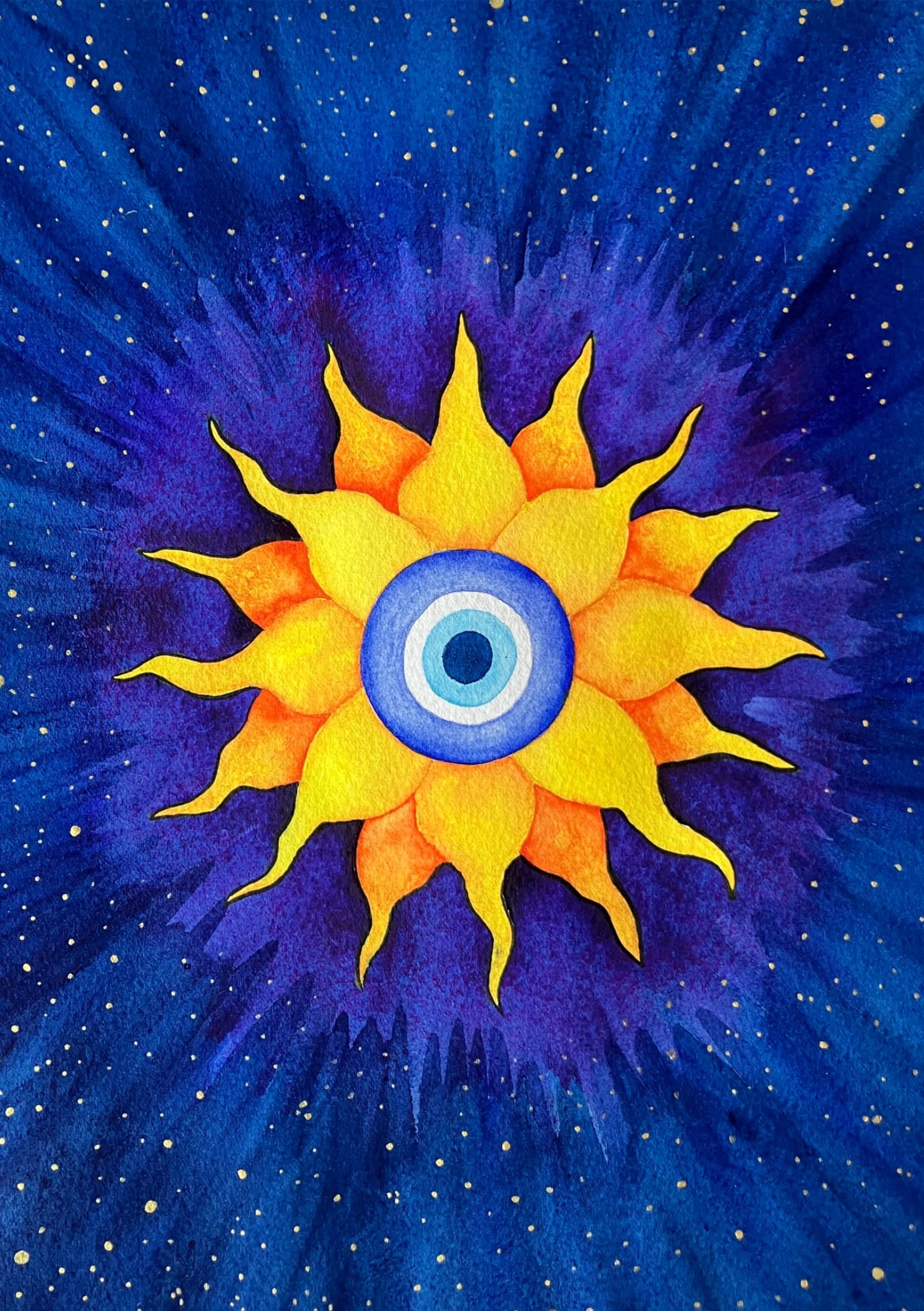 The painting depicts a bright fiery star, radiating out into the starry night sky. The star has an amulet at it's centre.