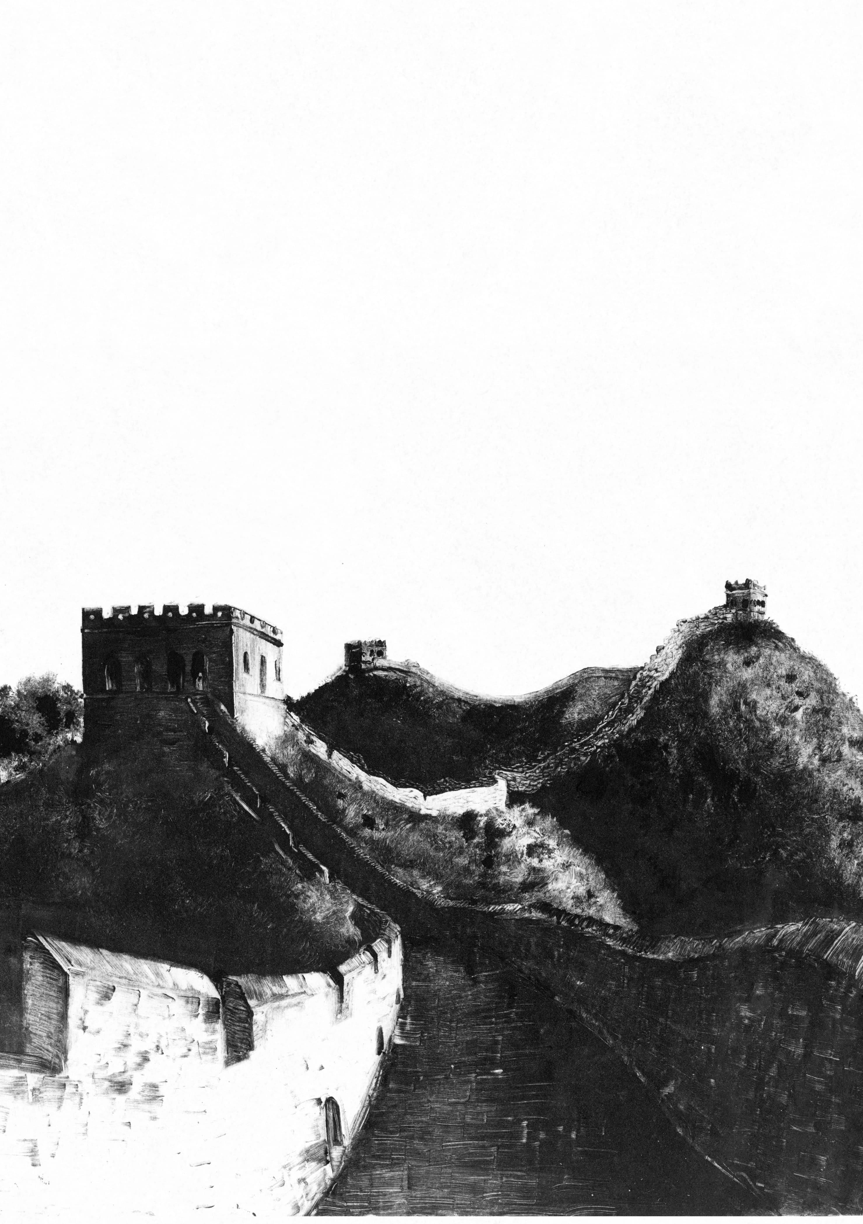 A black and white print from an engraving of a castle wall with turrets, winding along the hilltops.