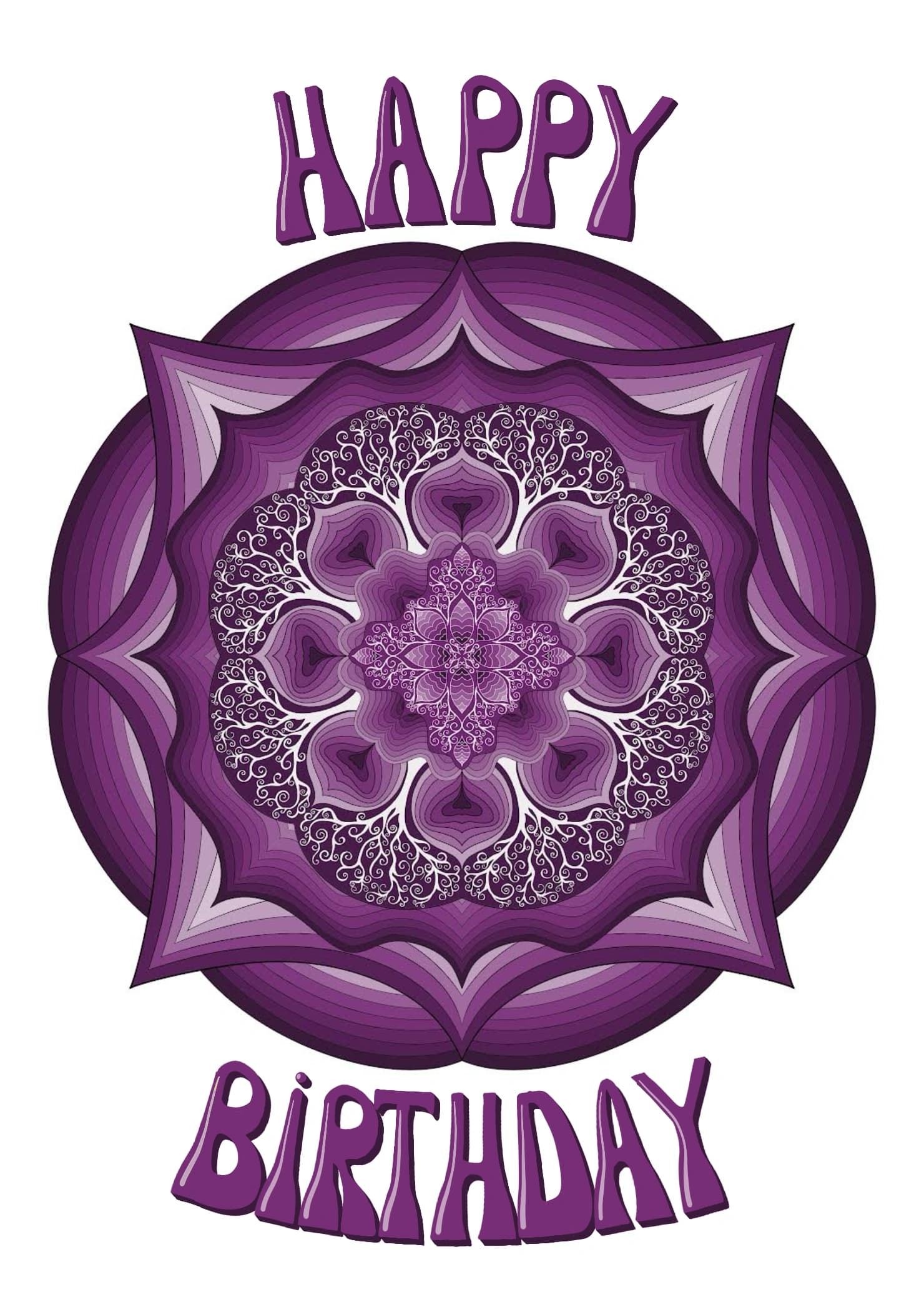 The design features a graphic of a mandala in purple with large overlapping petals and intricate branches. The caption reads "Happy Birthday".