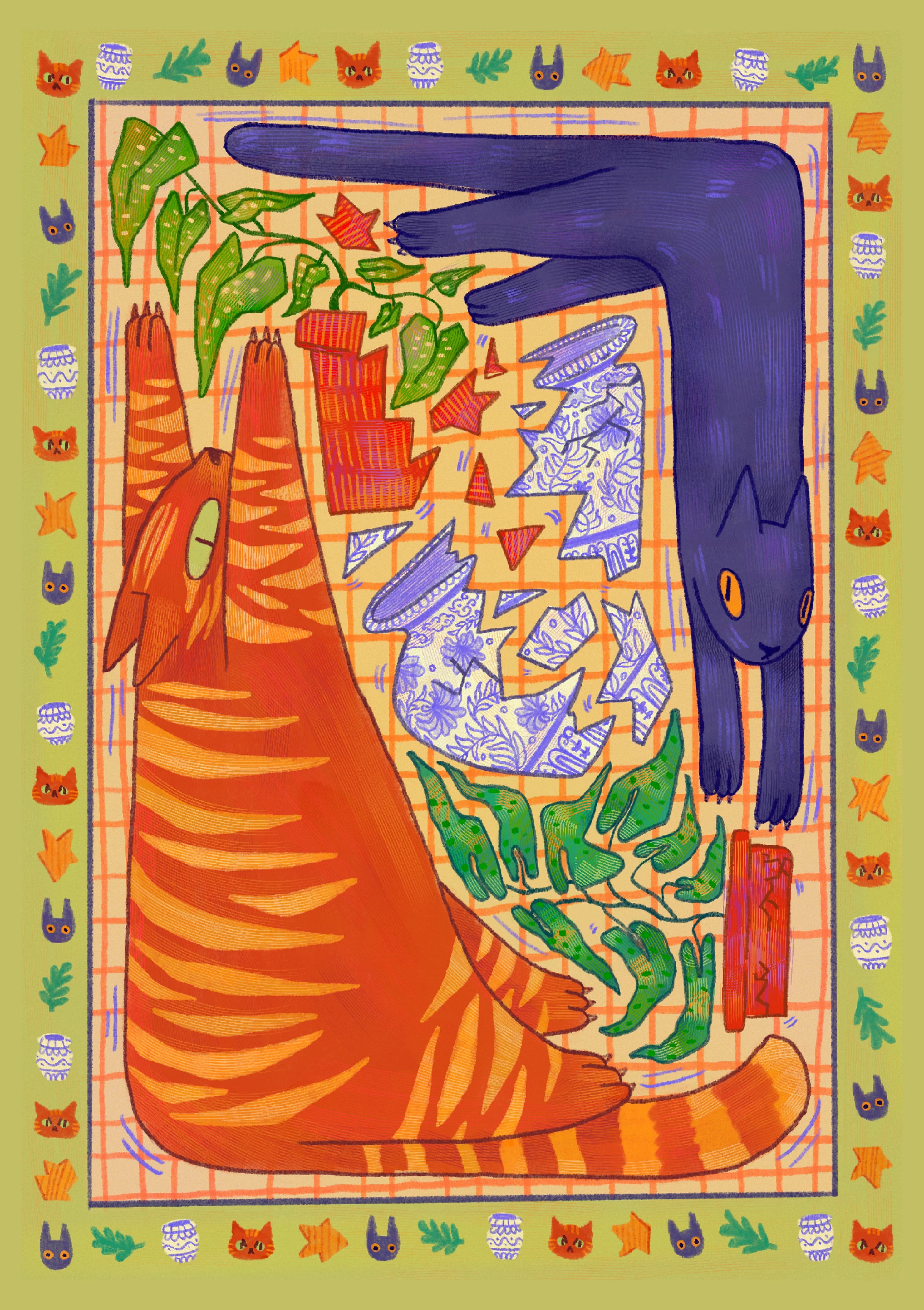 The stylised artwork is a digital illustration showing two cats stretched out alongside the chaos they have caused - shattered porcelain and house plants.