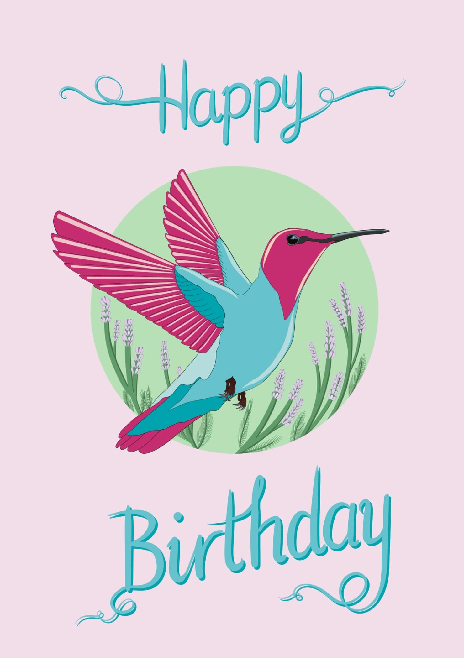 The design features a pink & blue hummingbird in flight. The caption reads "Happy Birthday".