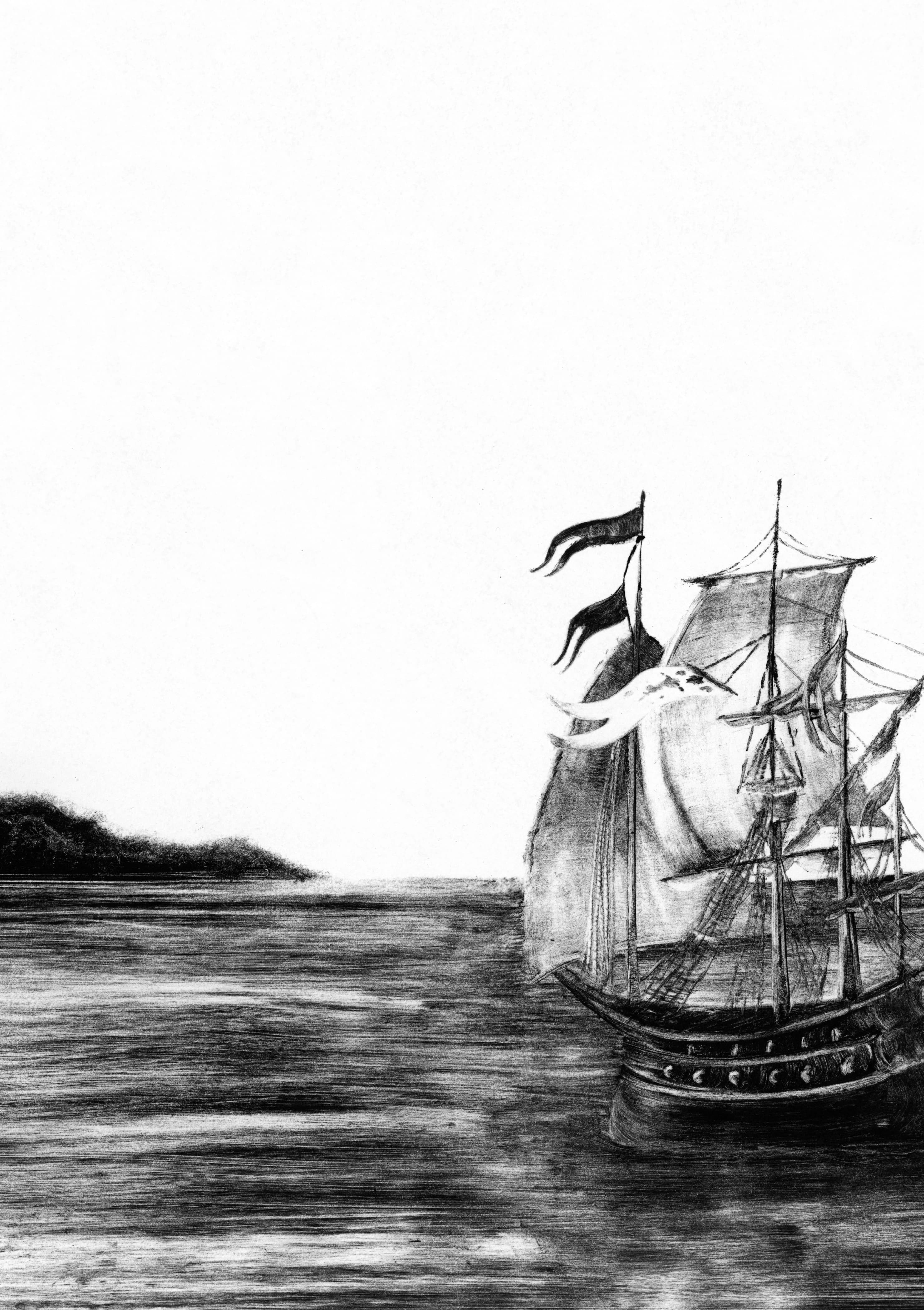 A black and white print from an engraving of a large traditional ship sailing with its many flags.
