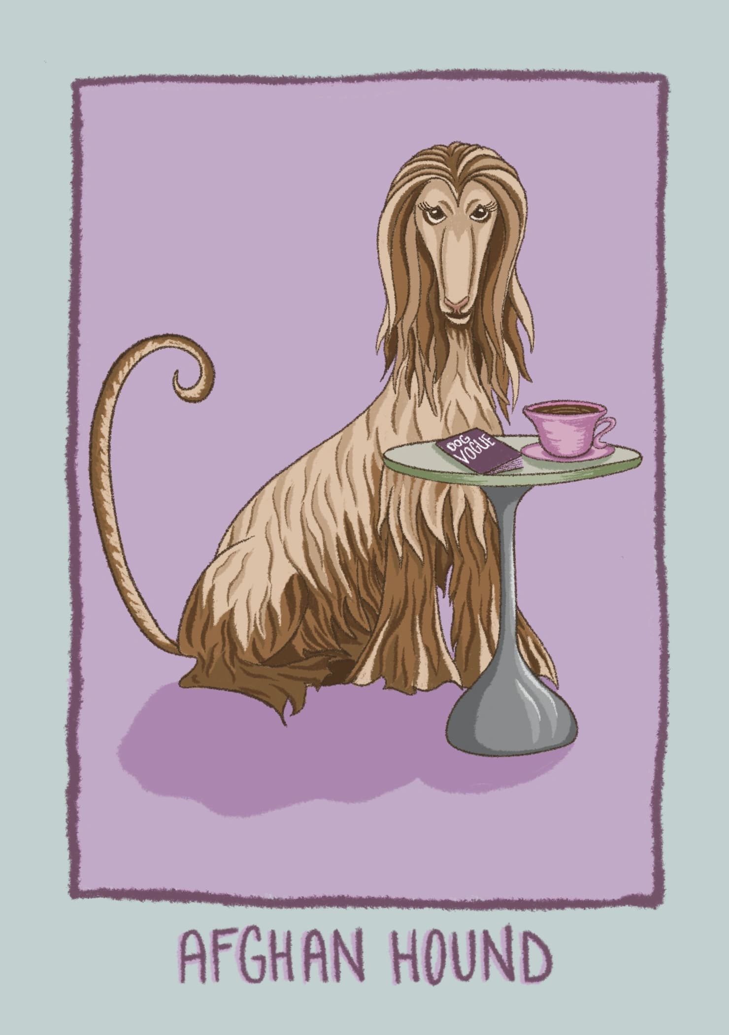 An illustrated Afghan hound with flowing hair sitting at a chic café table with a coffee and a Dog Vogue magazine. The caption reads "Afghan Hound".