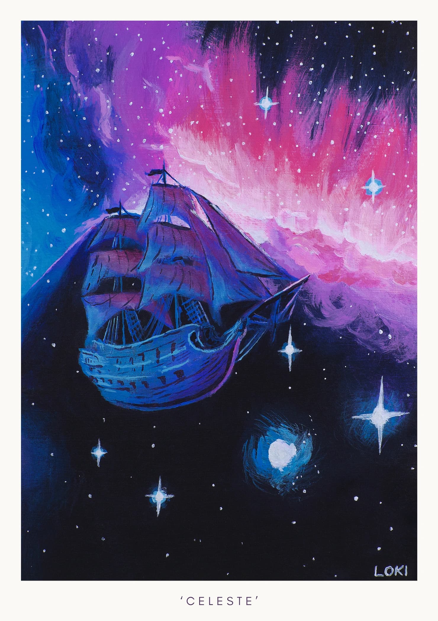 The artwork depicting a ship moving through space is displayed with a thin border. The caption reads 'Celeste'.