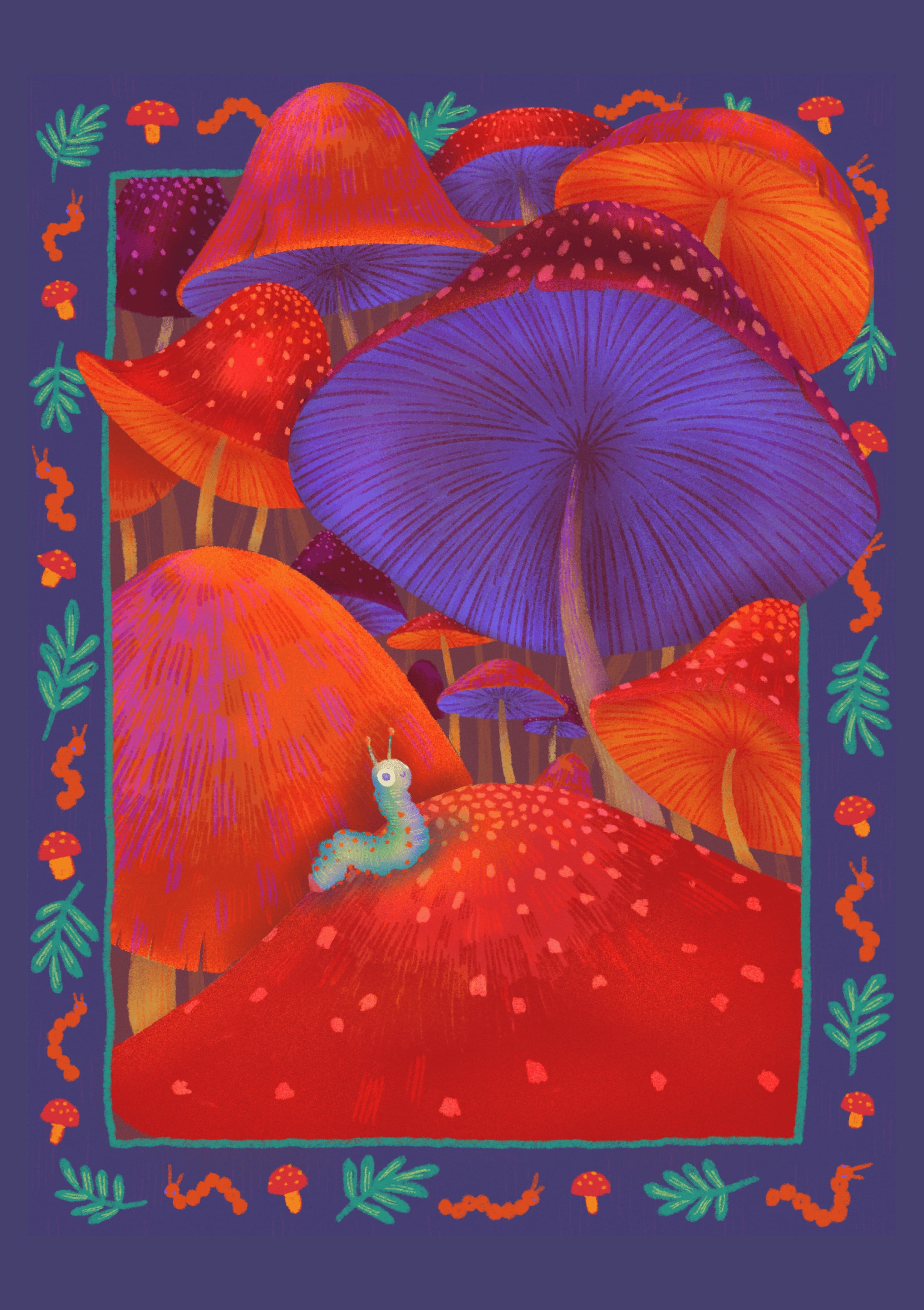 A cartoon caterpillar surrounded by luminescent mushrooms of various sizes, bursting from their frame with a border of leaves, caterpillars and mushrooms.