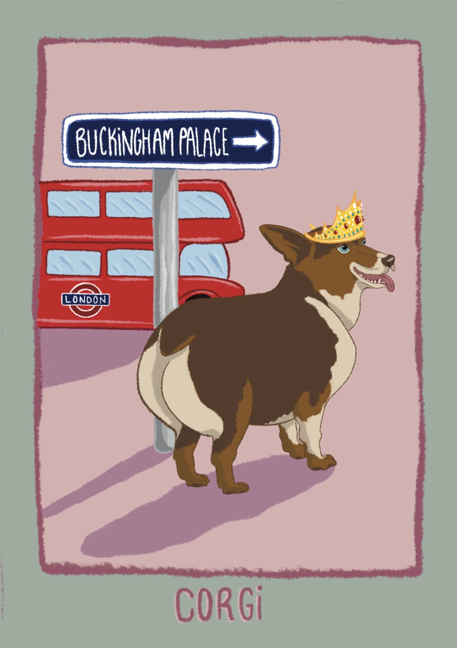 A cheeky illustrated corgi wearing a royal crown, next to a red London double-decker bus and a Buckingham Palace sign. The caption reads "Corgi".