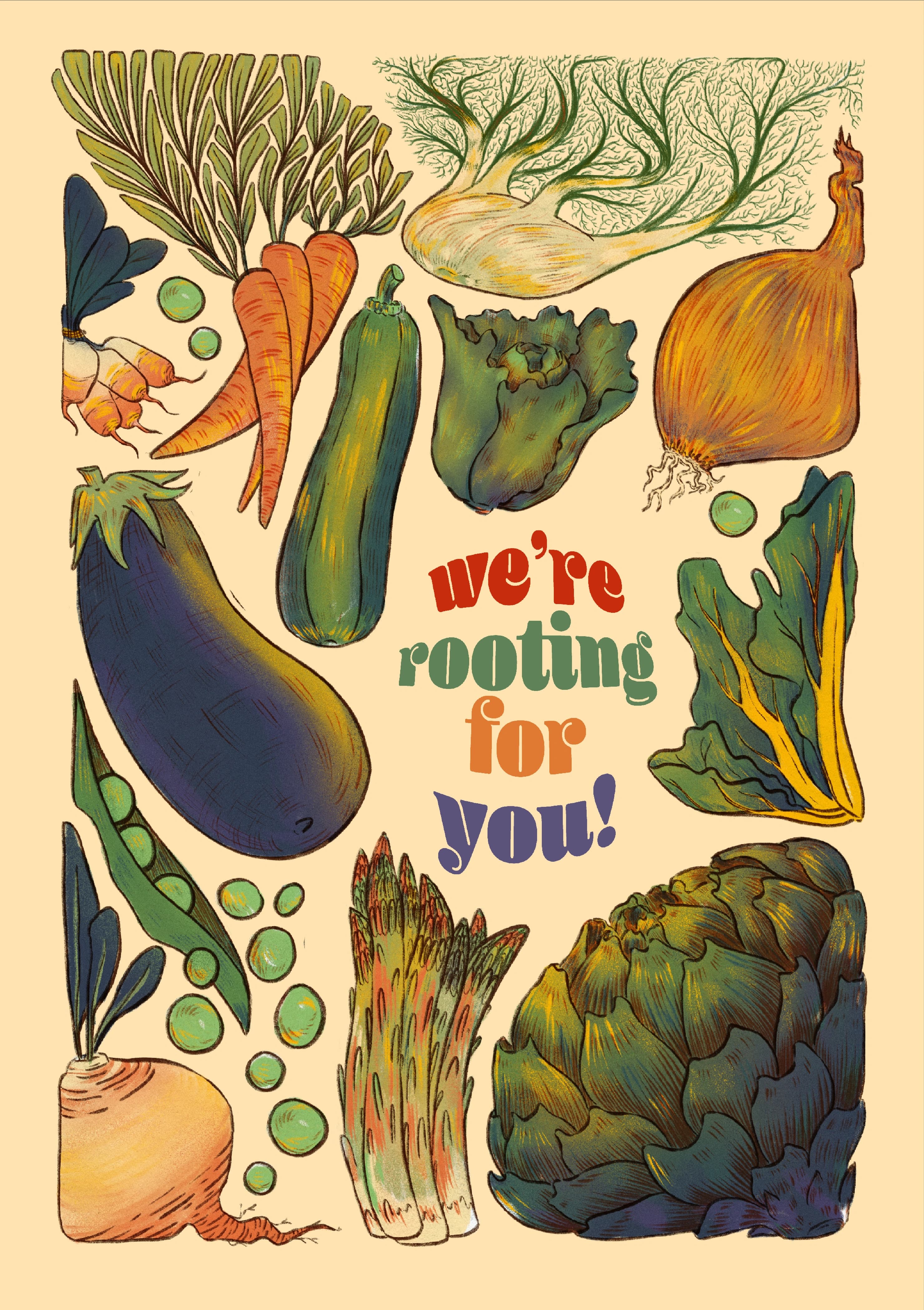 A colourised pencil drawing of various vegetables including carrots, aubergine, fennel and peas. The caption reads "We're rooting for you!".