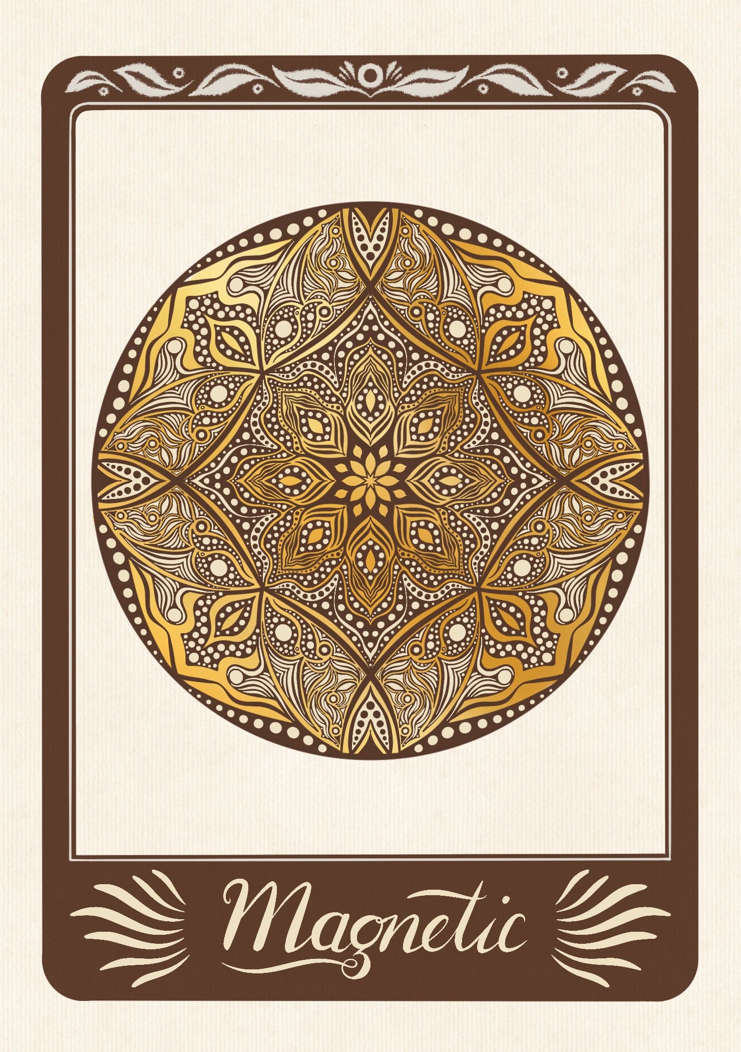 An intricate circular gold and bronze mandala with delicate stippled beadwork on cream card, above a plaque reading "Magnetic".