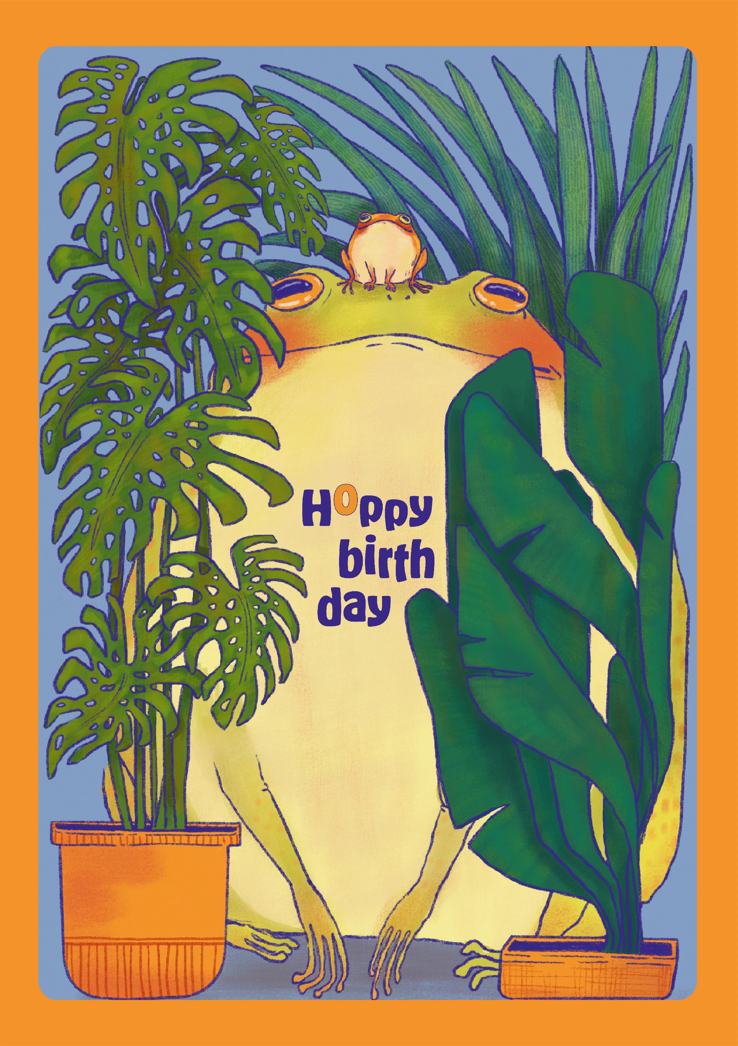 A colourised pencil drawing of a large frog in between leafy house plants, with a small frog perched on it's head. The caption reads "Hoppy birth day".