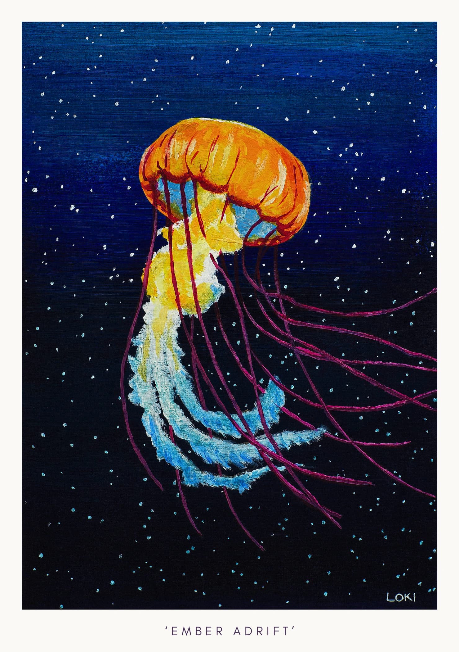 A painting depicting a bright jellyfish drifting through a dark ocean. The caption reads 'Ember Adrift'.