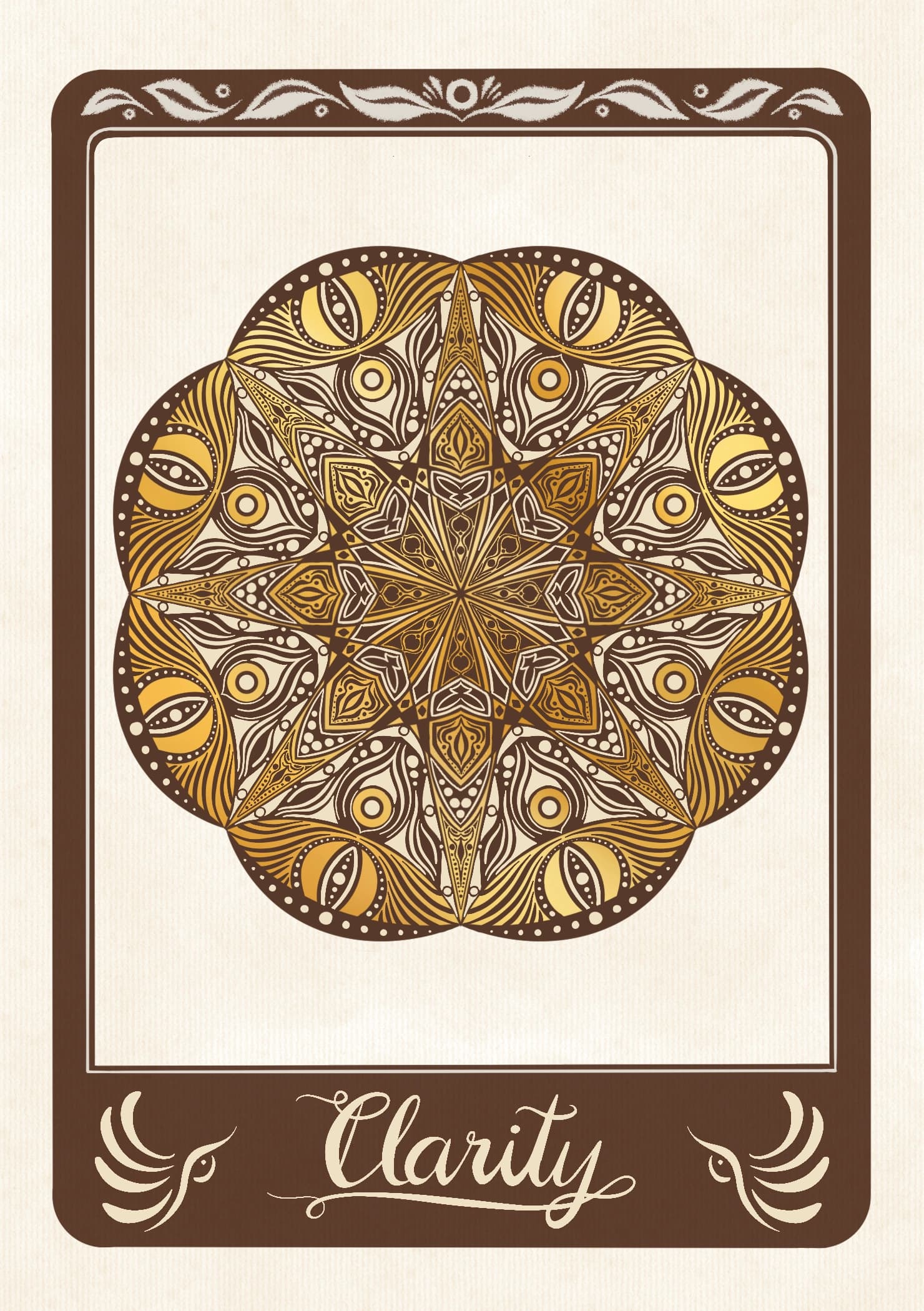 A circular mandala in gold and bronze with radial eye motifs on cream card, above a brown plaque reading "Clarity".