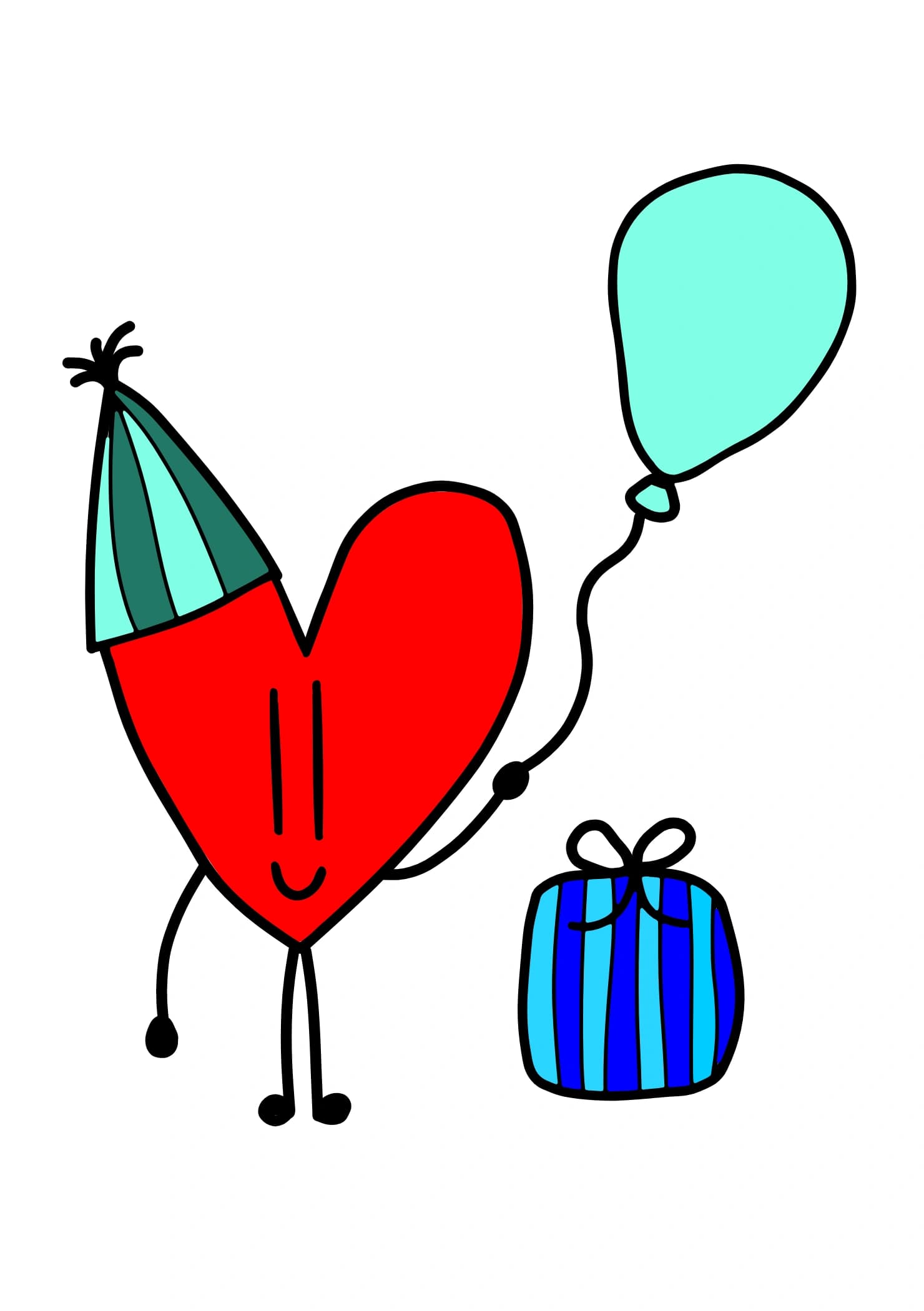 A red cartoon heart wearing a party hat and holding a balloon with a gift.