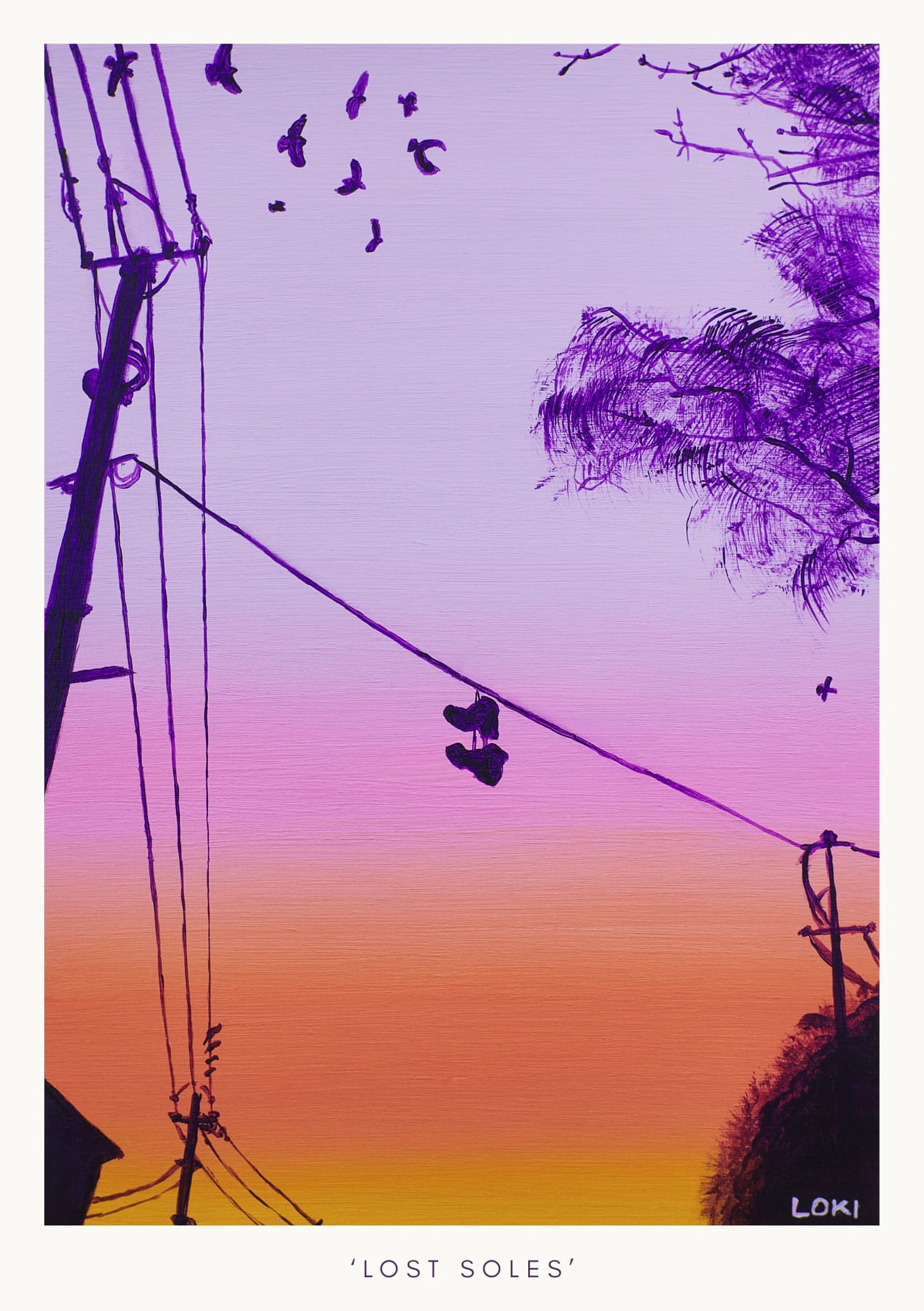 A painting featuring a pair of shoes hanging over a telephone wire. The caption reads 'Lost Soles'.