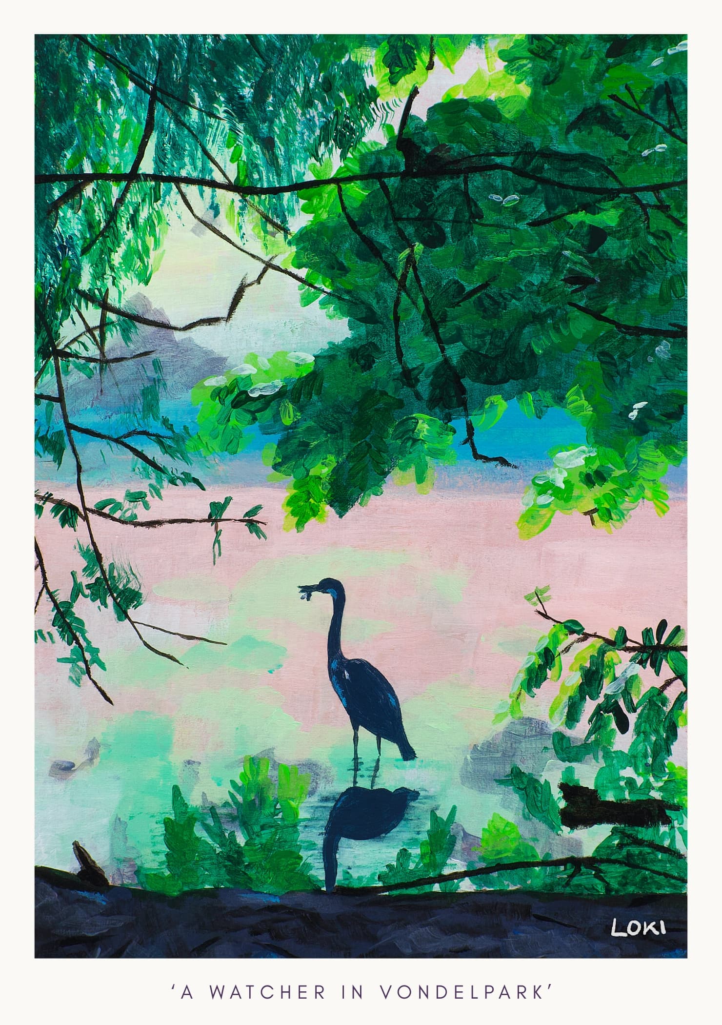 A painting depicting a heron standing proud in a lake overhanging with leafy trees. The caption reads 'A watcher in Vondelpark'.