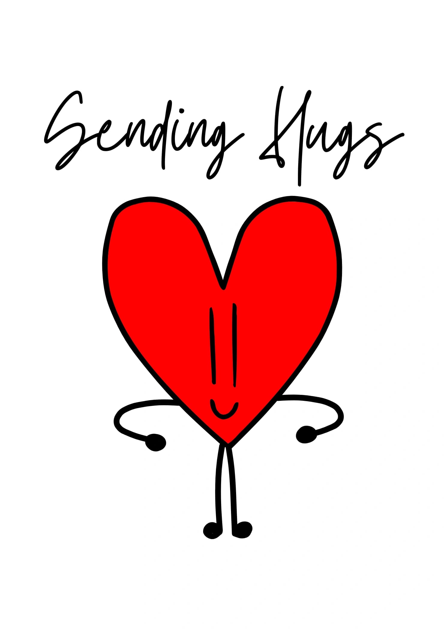 A cute red heart cartoon giving a hug. The caption reads "Sending Hugs".