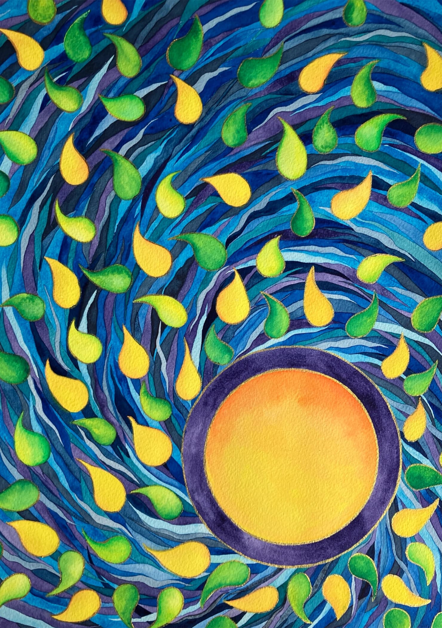 The watercolour painting features yellow & green flares gravitating around a central golden ball, over a blue swirling background.