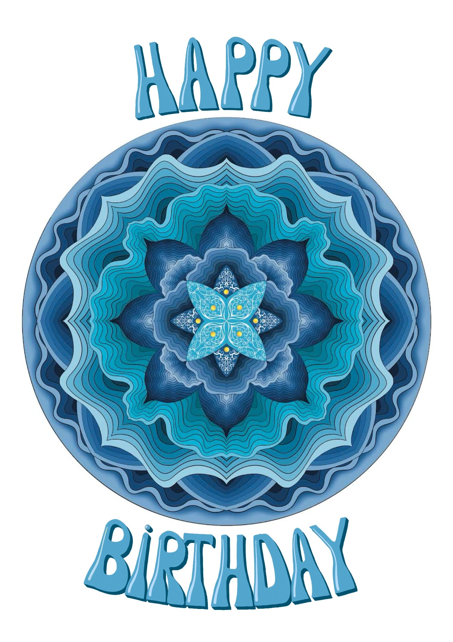 The design features a graphic of a mandala in blue with intricate overlapping petals and yellow dots in the centre. The caption reads "Happy Birthday".