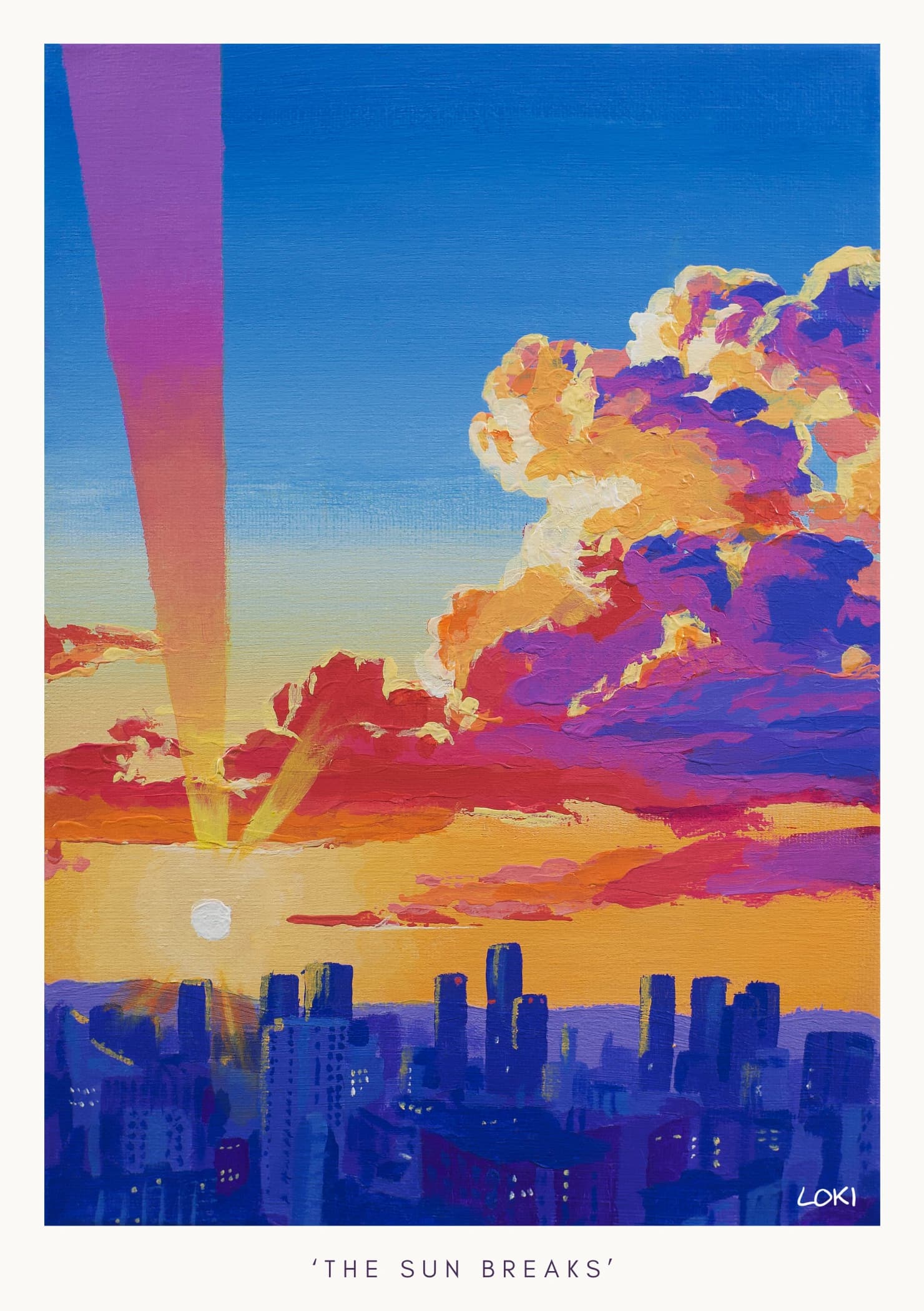 The artwork depicting a sunrise over a city skyline is displayed. The caption reads 'The Sun Breaks'.