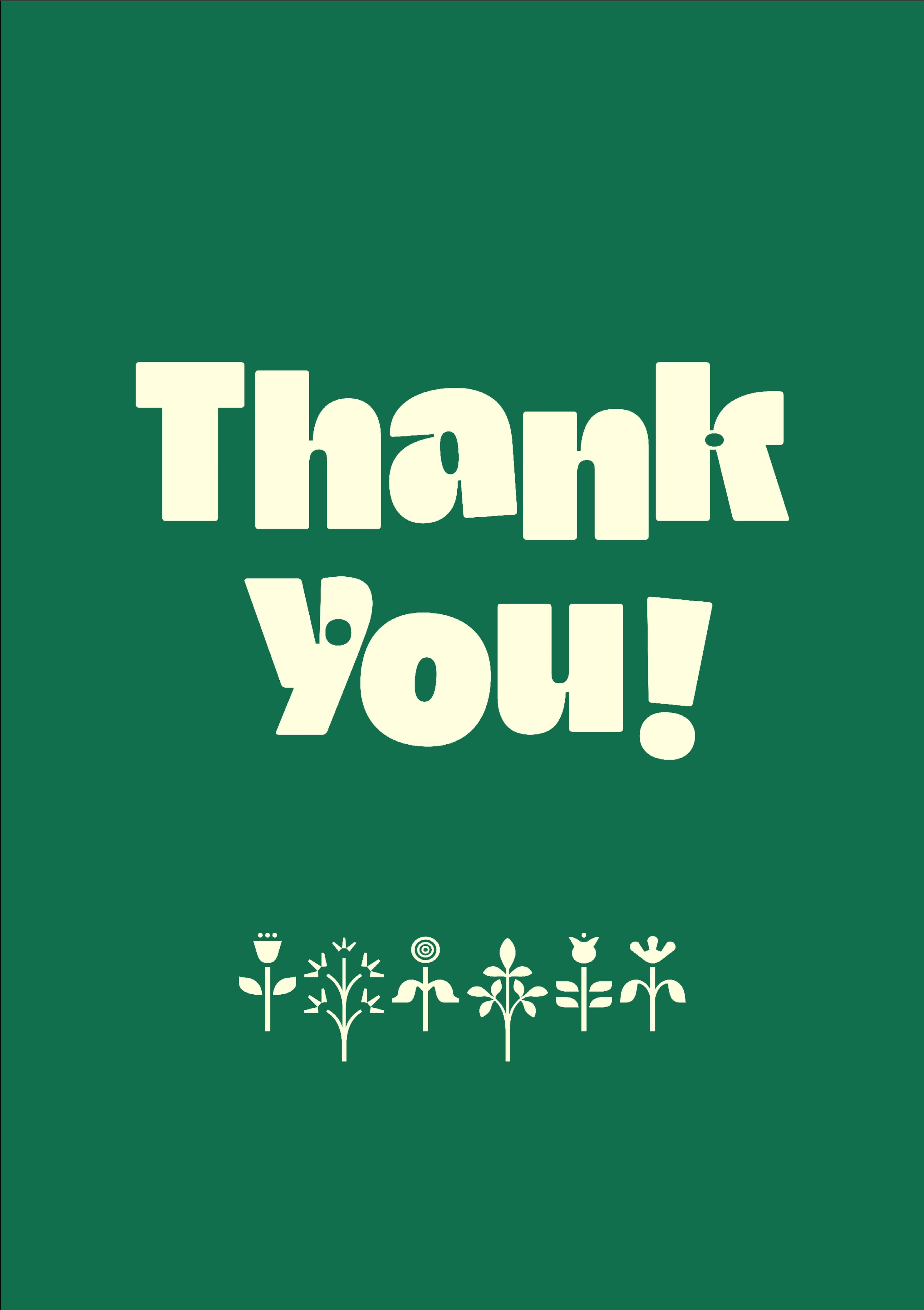 A typographical card in green with some botanical motifs and the caption "Thank you!" in a bold, stylised font.