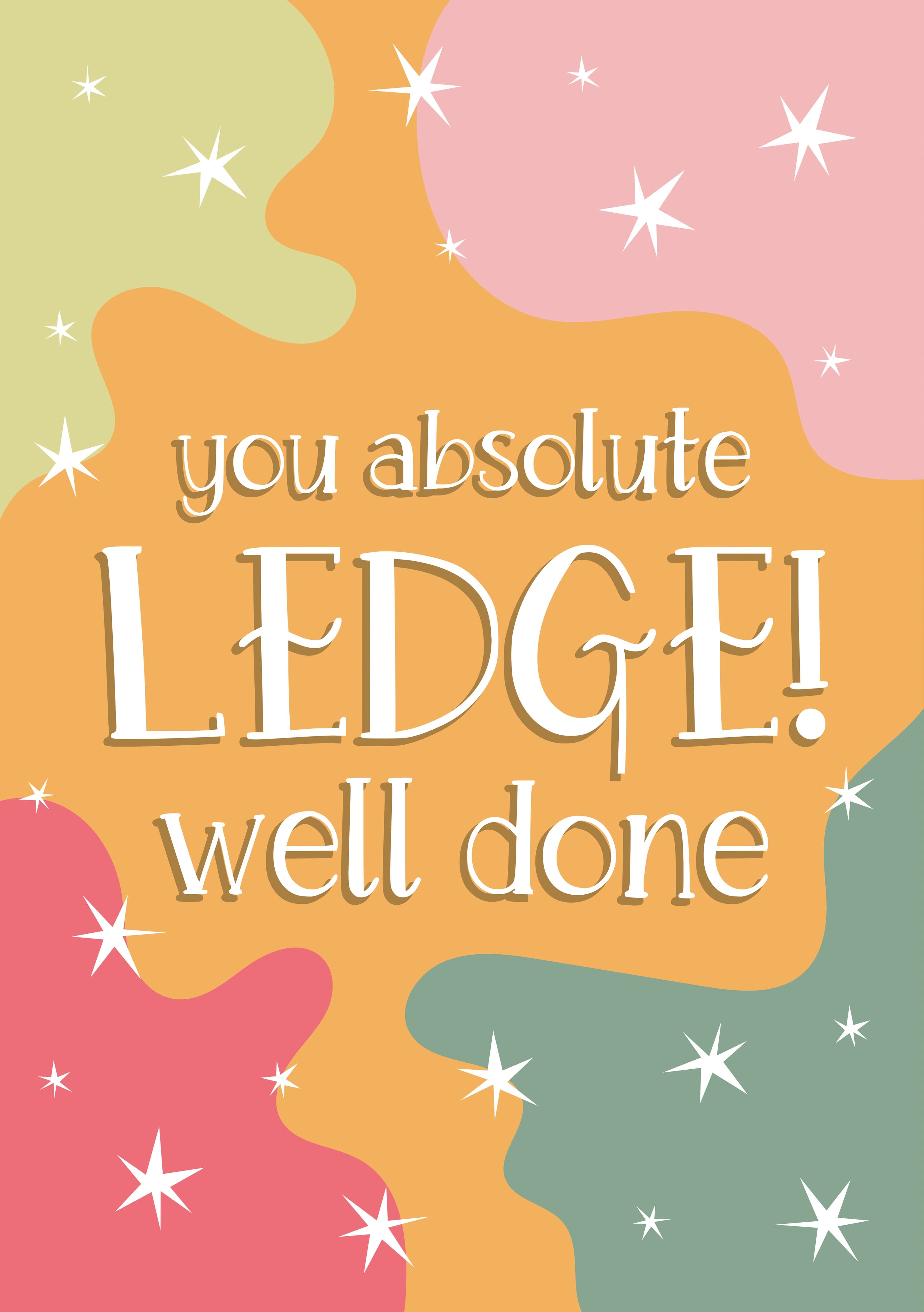 The caption reads "You absolute ledge! Well done" On a colourful, starry background.
