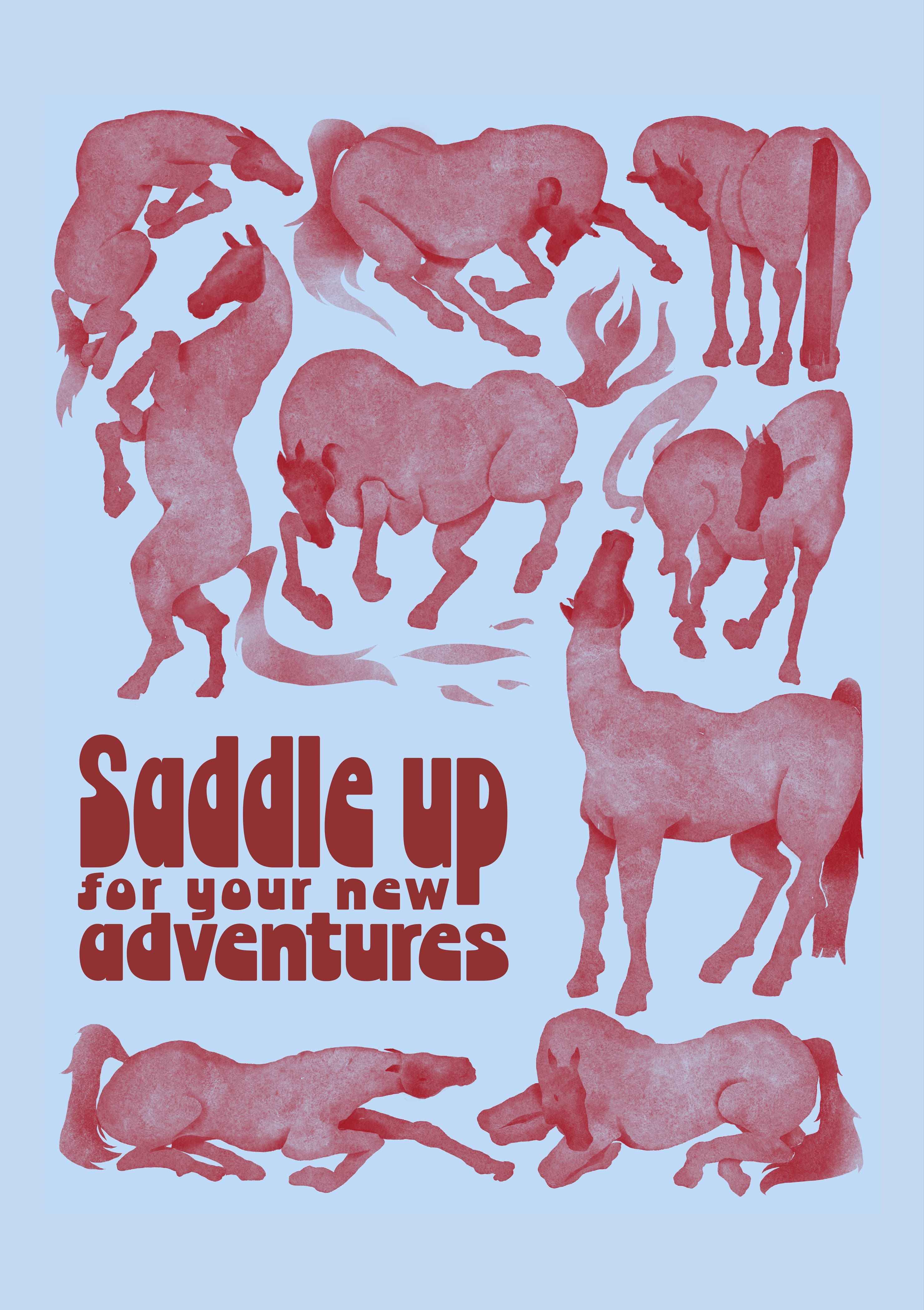 Silhouette prints of horses in red, in various positions from relaxing to charging and jumping. The caption reads "Saddle up for your new adventures".