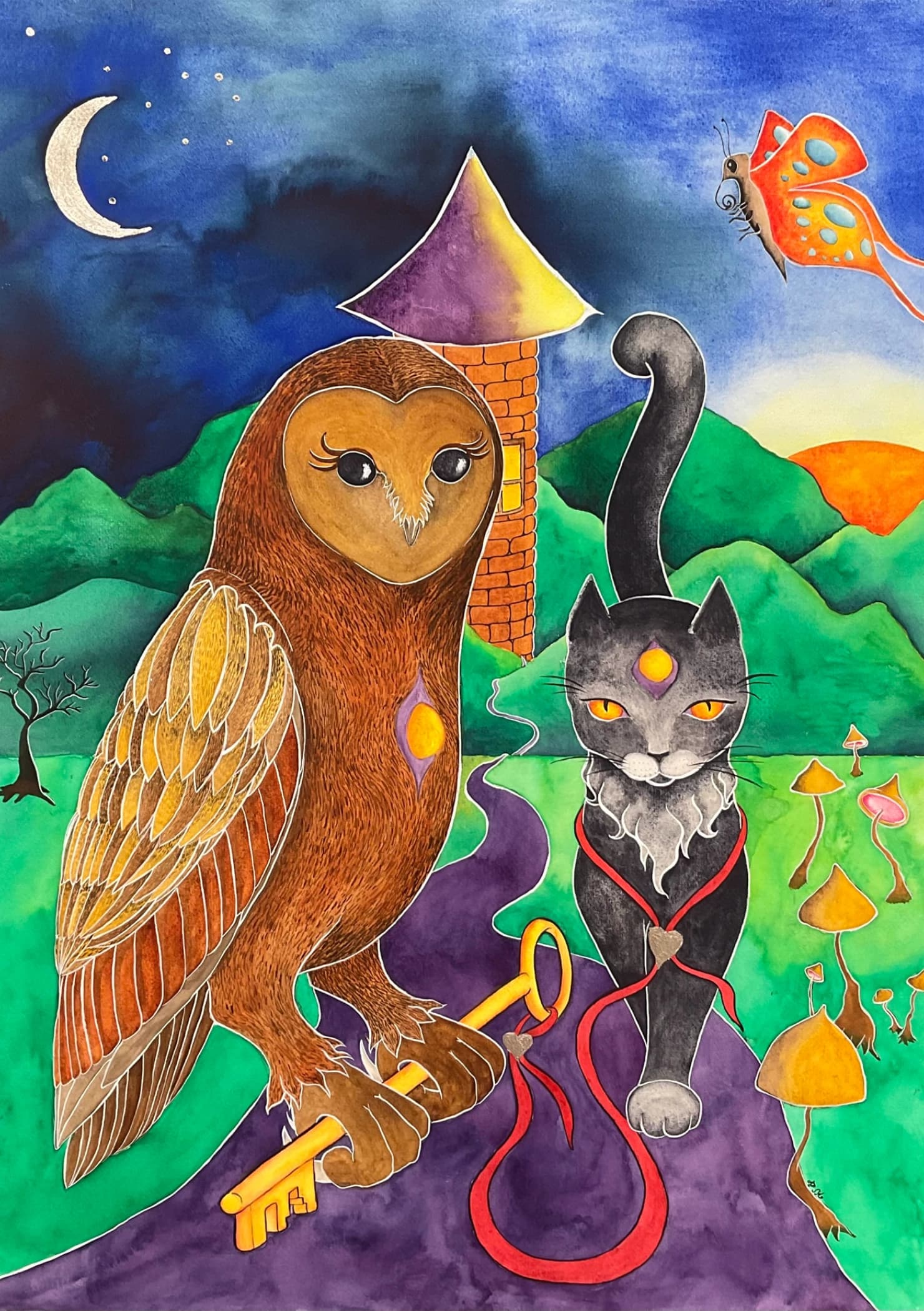 The watercolour artwork features a brown owl holding onto a key and a black cat in front of a mystical tower at night.