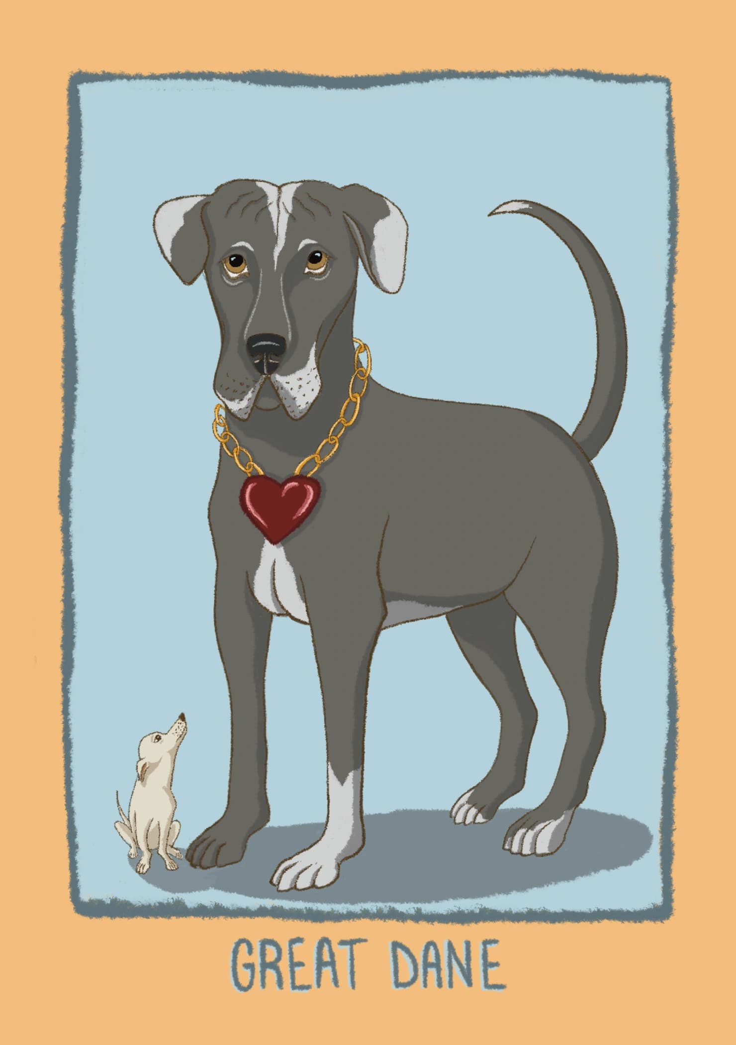An illustrated grey Great Dane wearing a chunky gold chain with a red heart pendant, with a tiny chihuahua looking up at him. The caption reads "Great Dane".