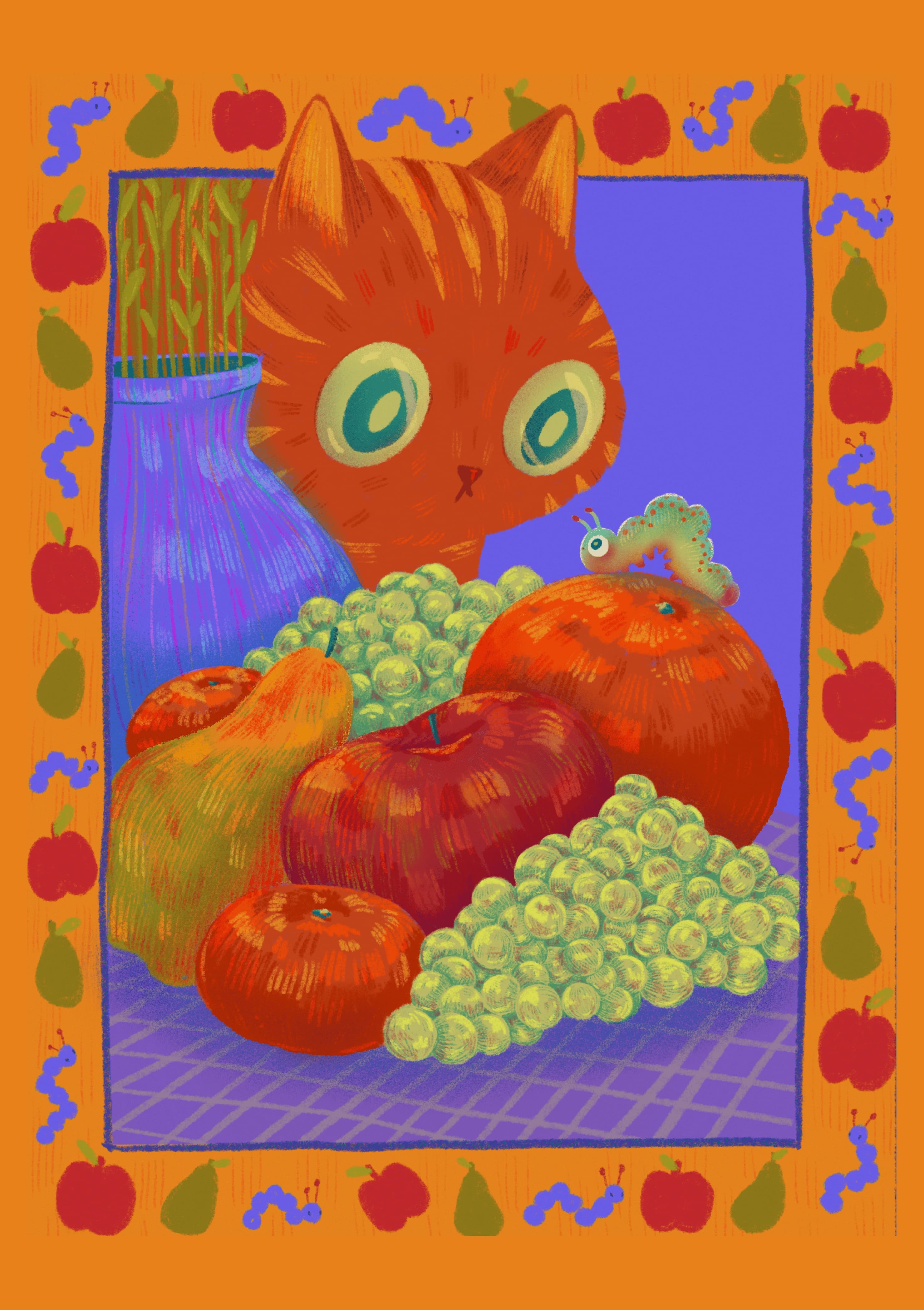 A cartoon caterpillar exploring a pile of fruit as a house cat watches on, framed by a border of apples, pears and caterpillars.