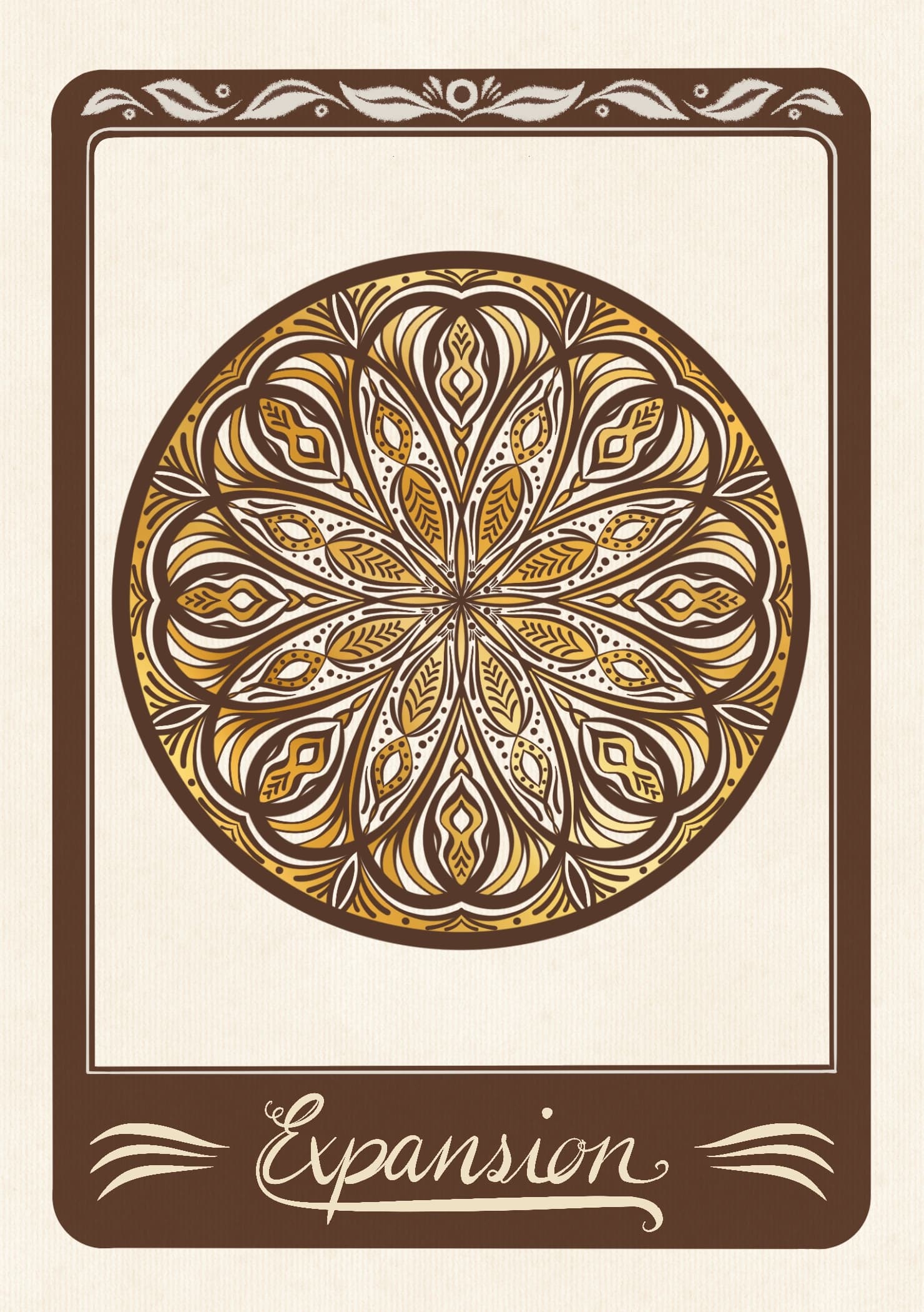 A gold and bronze mandala rosette on cream card, above a brown plaque reading "Expansion".