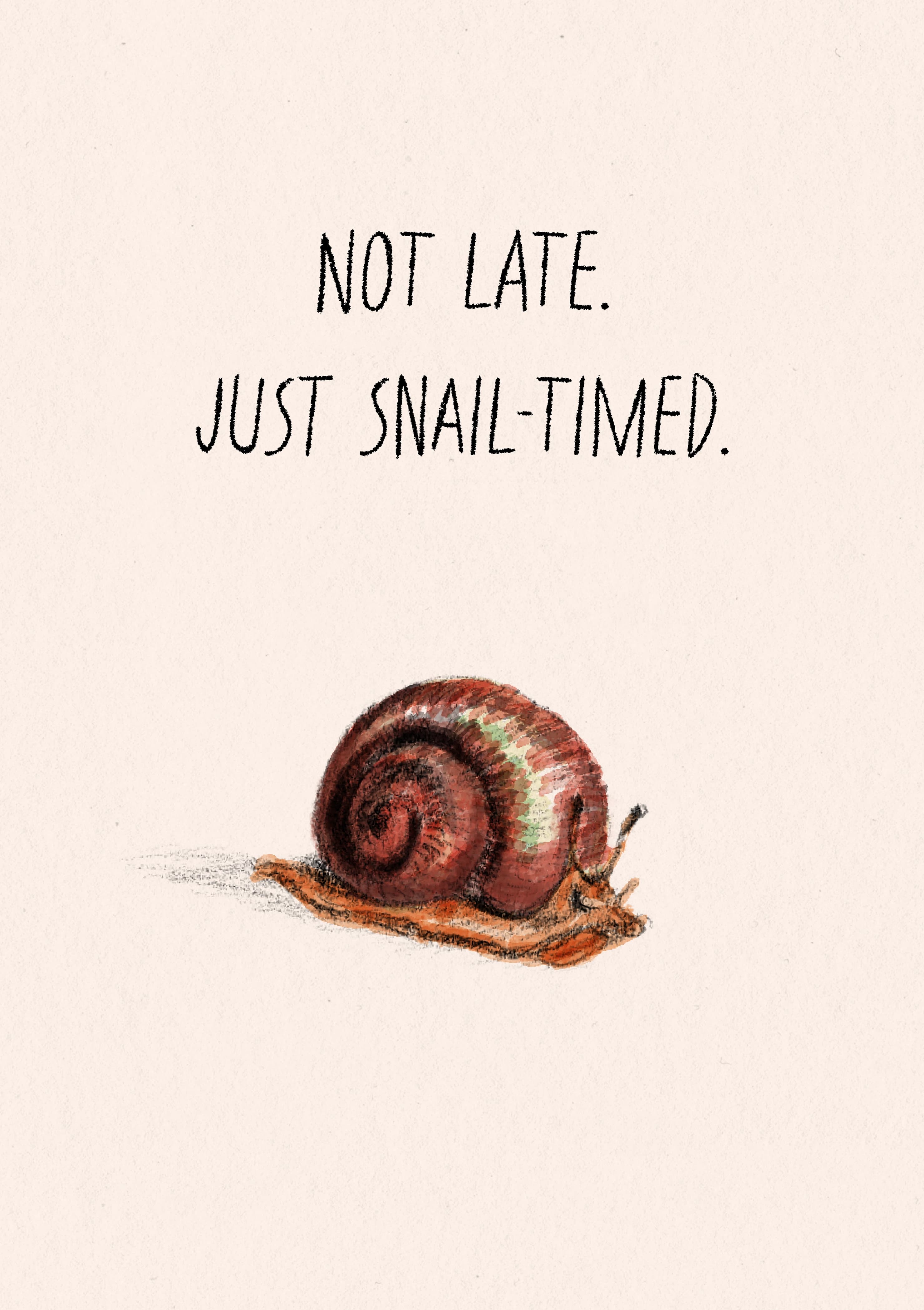 A pencil and watercolour drawing of a snail. The caption reads "Not late. Just snail-timed".