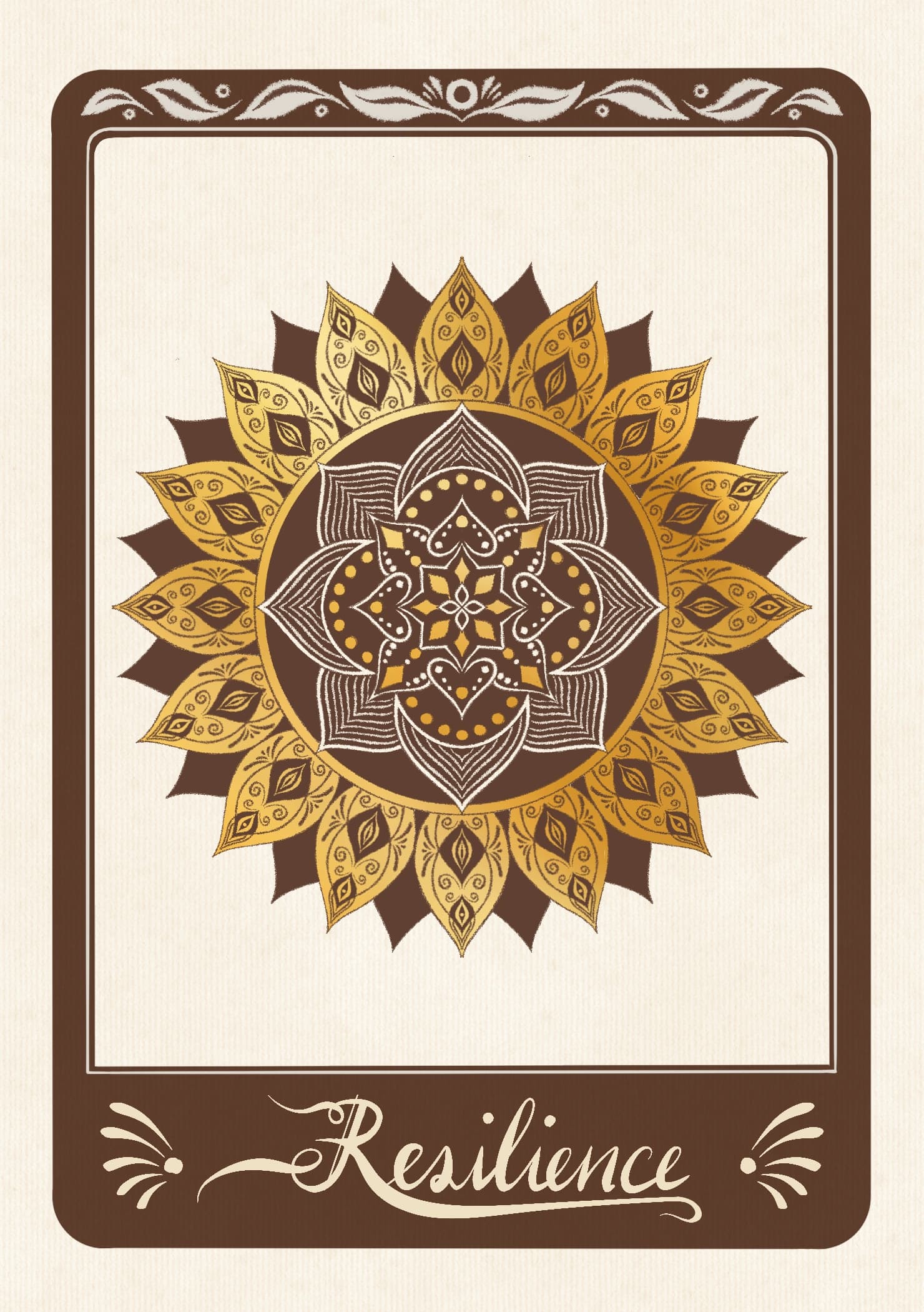 A sunflower-like gold and bronze mandala with pointed petals on cream card, above a plaque reading "Resilience".