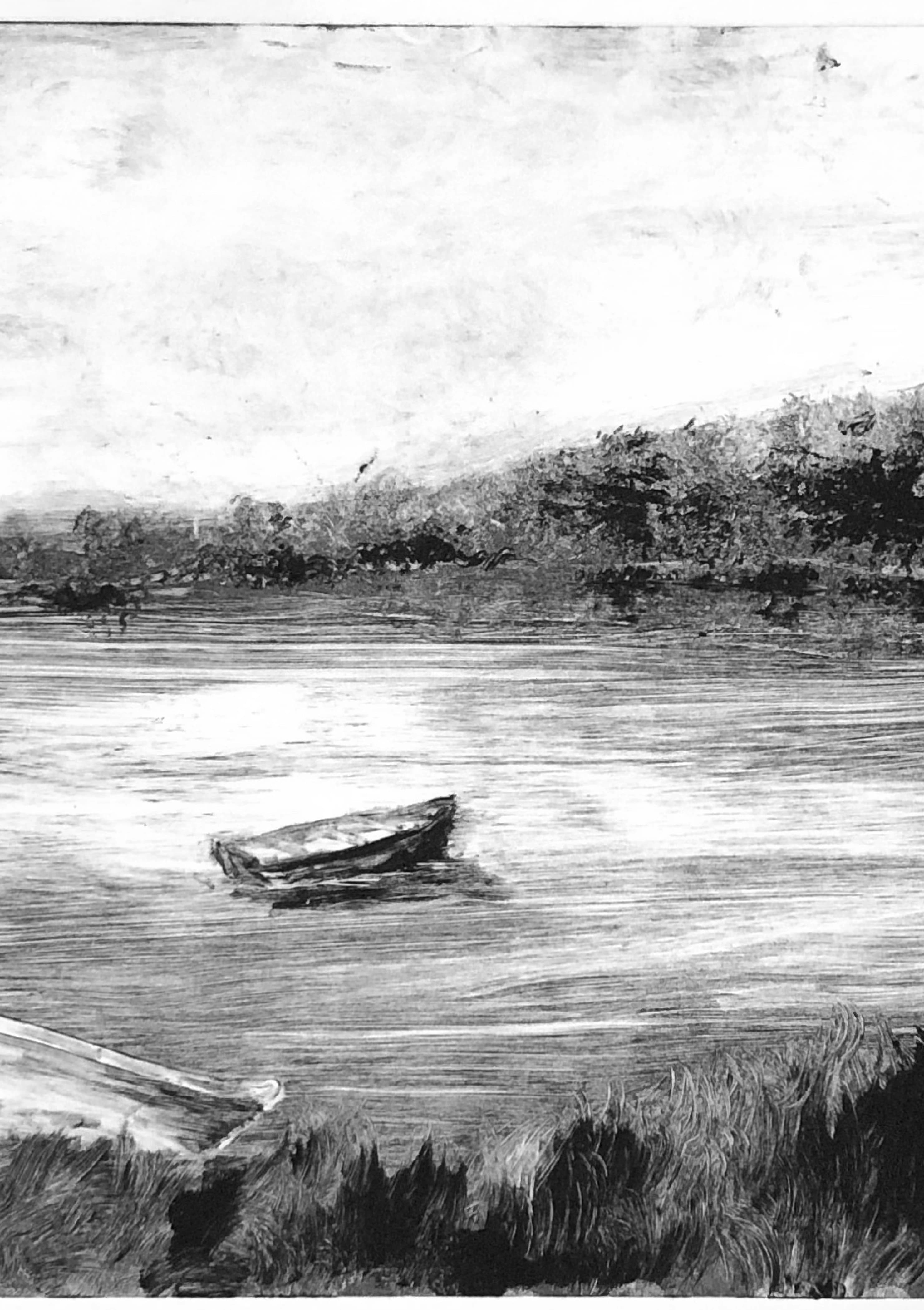 A black and white print from an engraving of a rowing boat drifting on a lake by the hills.