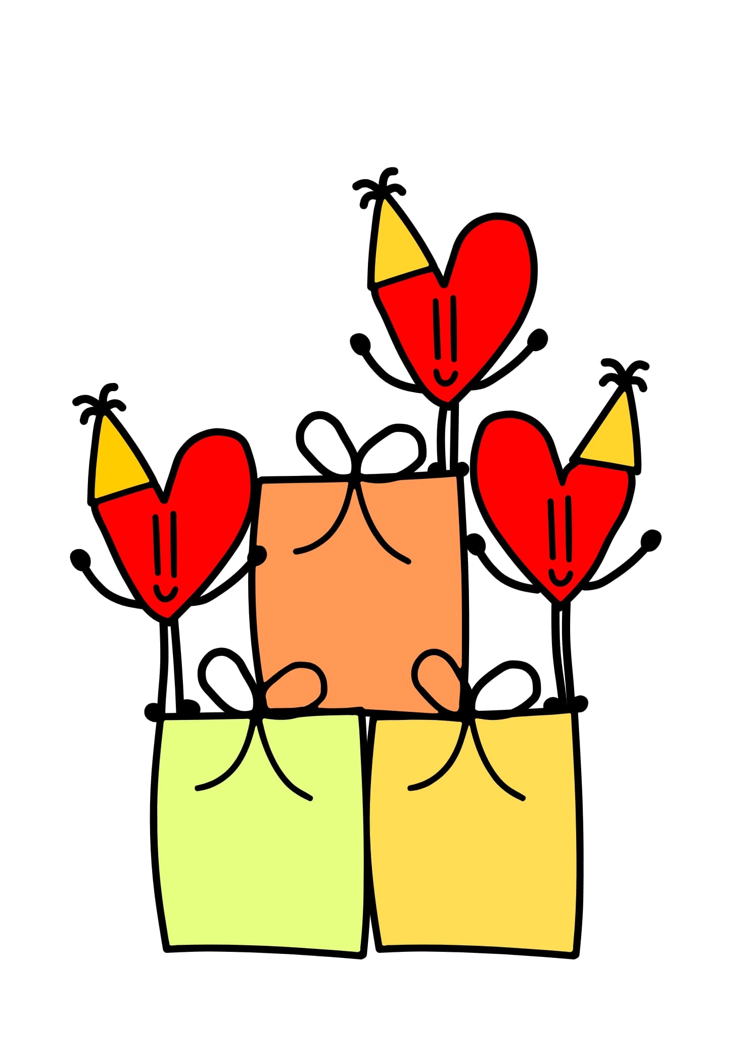 A cute cartoon showing three small red heart characters standing on a pile of presents.