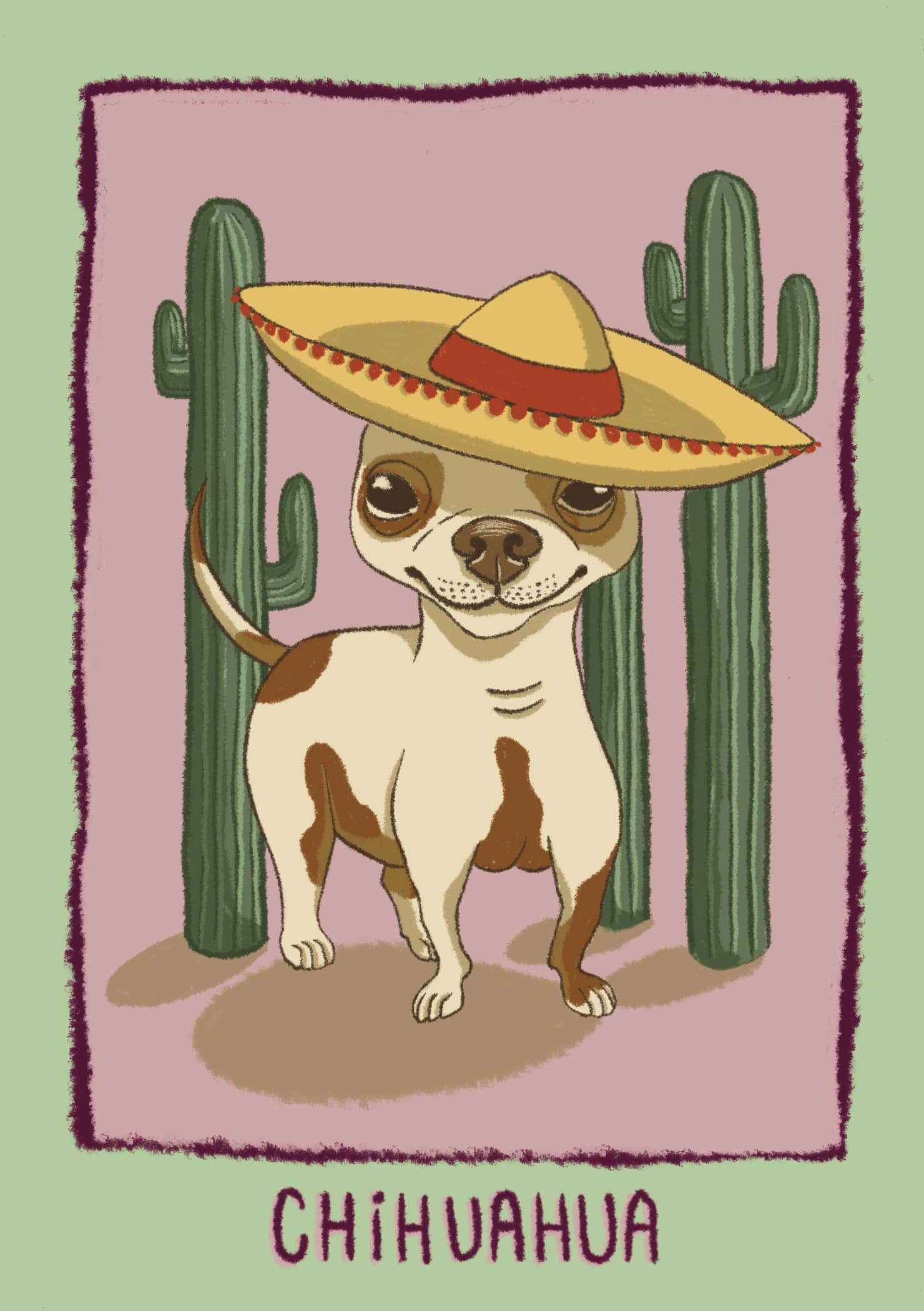 An illustrated smiling chihuahua wearing a sombrero standing amongst cacti. The caption reads "Chihuahua".