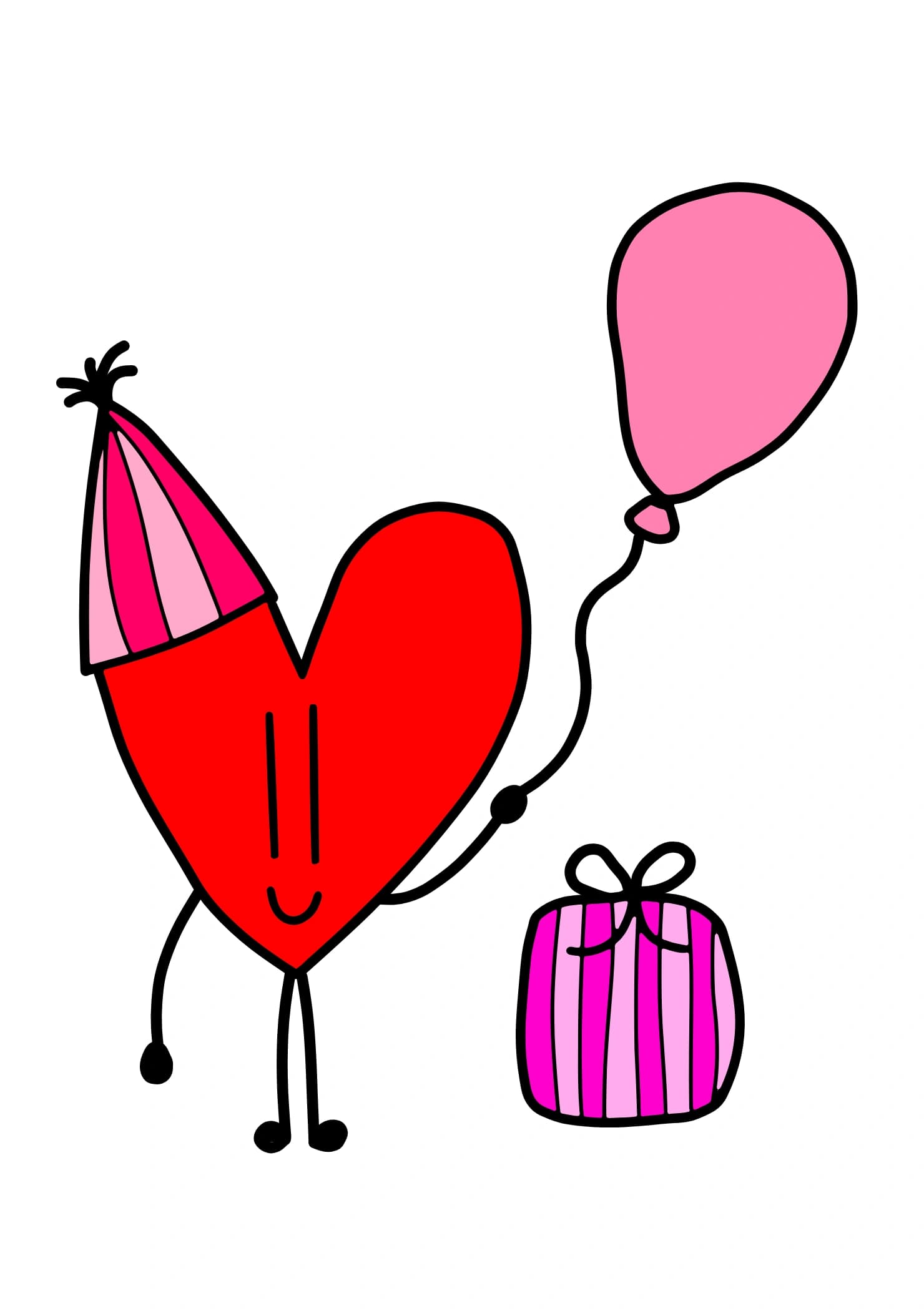 A red cartoon heart wearing a party hat and holding a balloon with a gift.